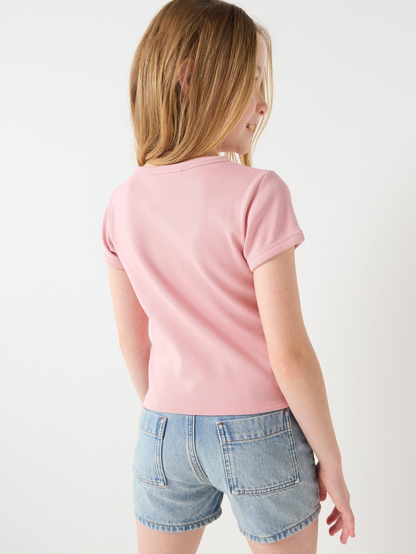 Image 2 of 6 of Calvin Klein Jeans Girls Monologo Short Sleeve Rib T-Shirt - Pink