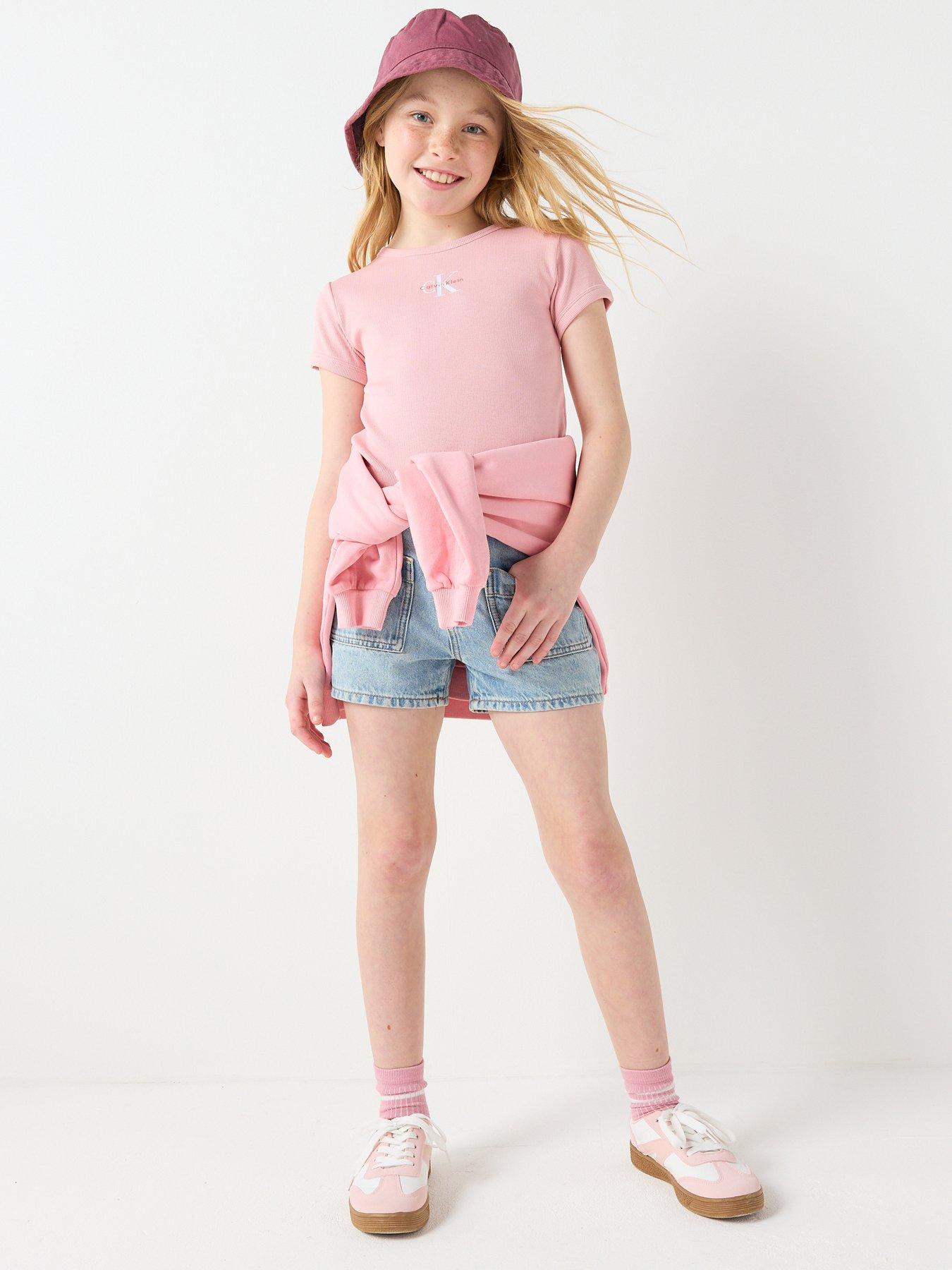 Image 3 of 6 of Calvin Klein Jeans Girls Monologo Short Sleeve Rib T-Shirt - Pink