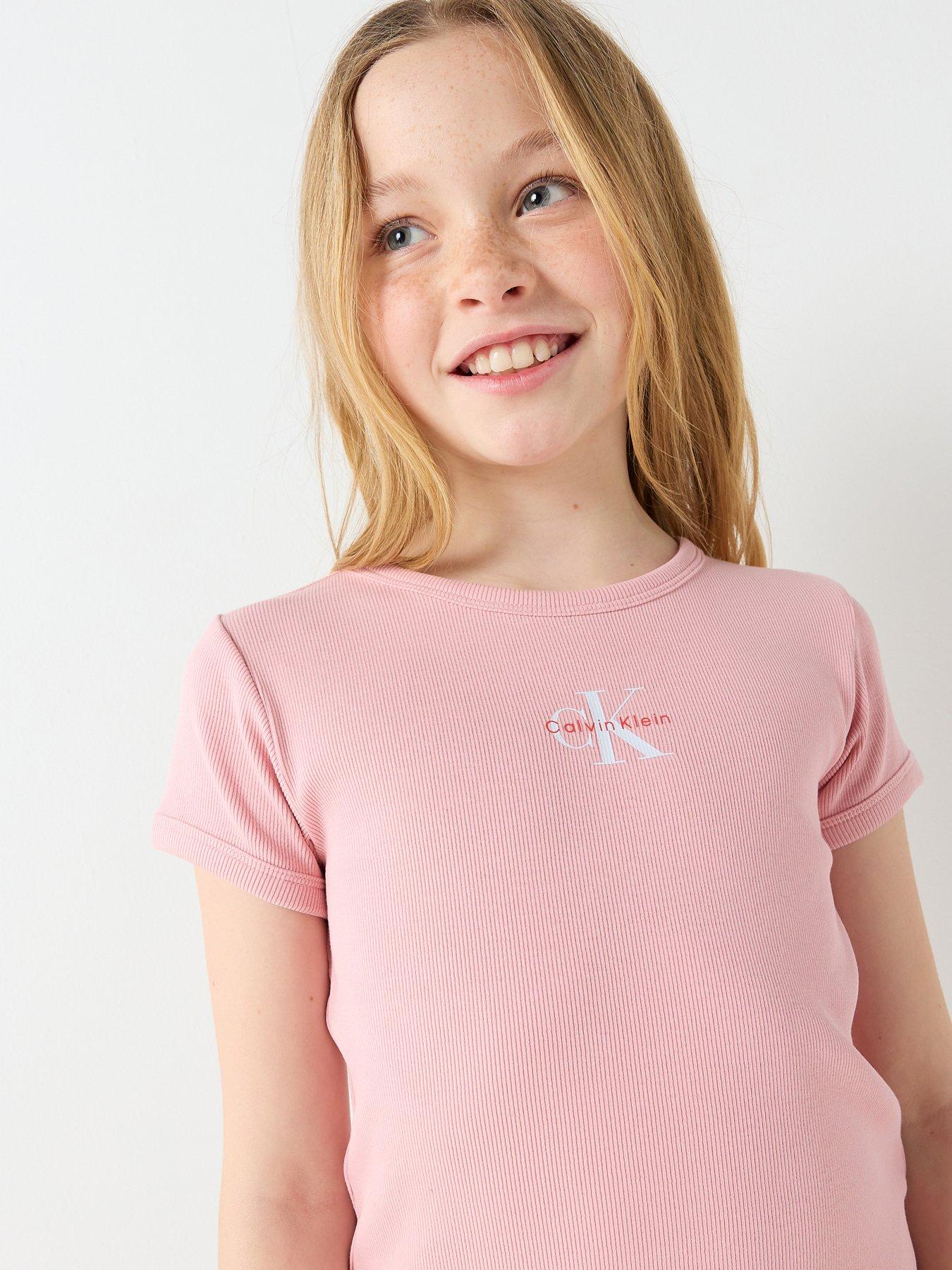 Image 4 of 6 of Calvin Klein Jeans Girls Monologo Short Sleeve Rib T-Shirt - Pink