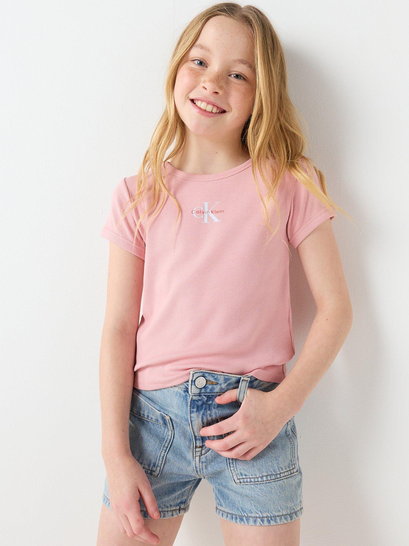 Image 5 of 6 of Calvin Klein Jeans Girls Monologo Short Sleeve Rib T-Shirt - Pink