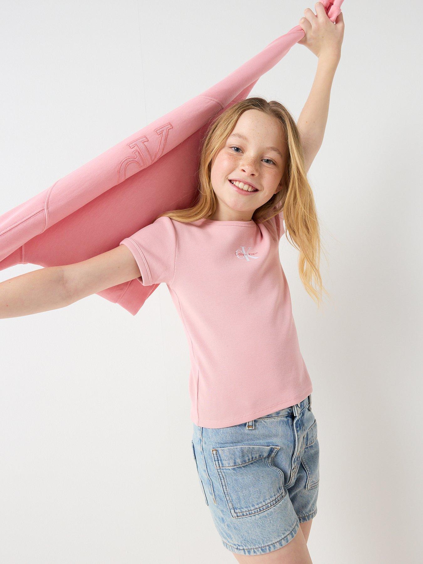 Image 6 of 6 of Calvin Klein Jeans Girls Monologo Short Sleeve Rib T-Shirt - Pink