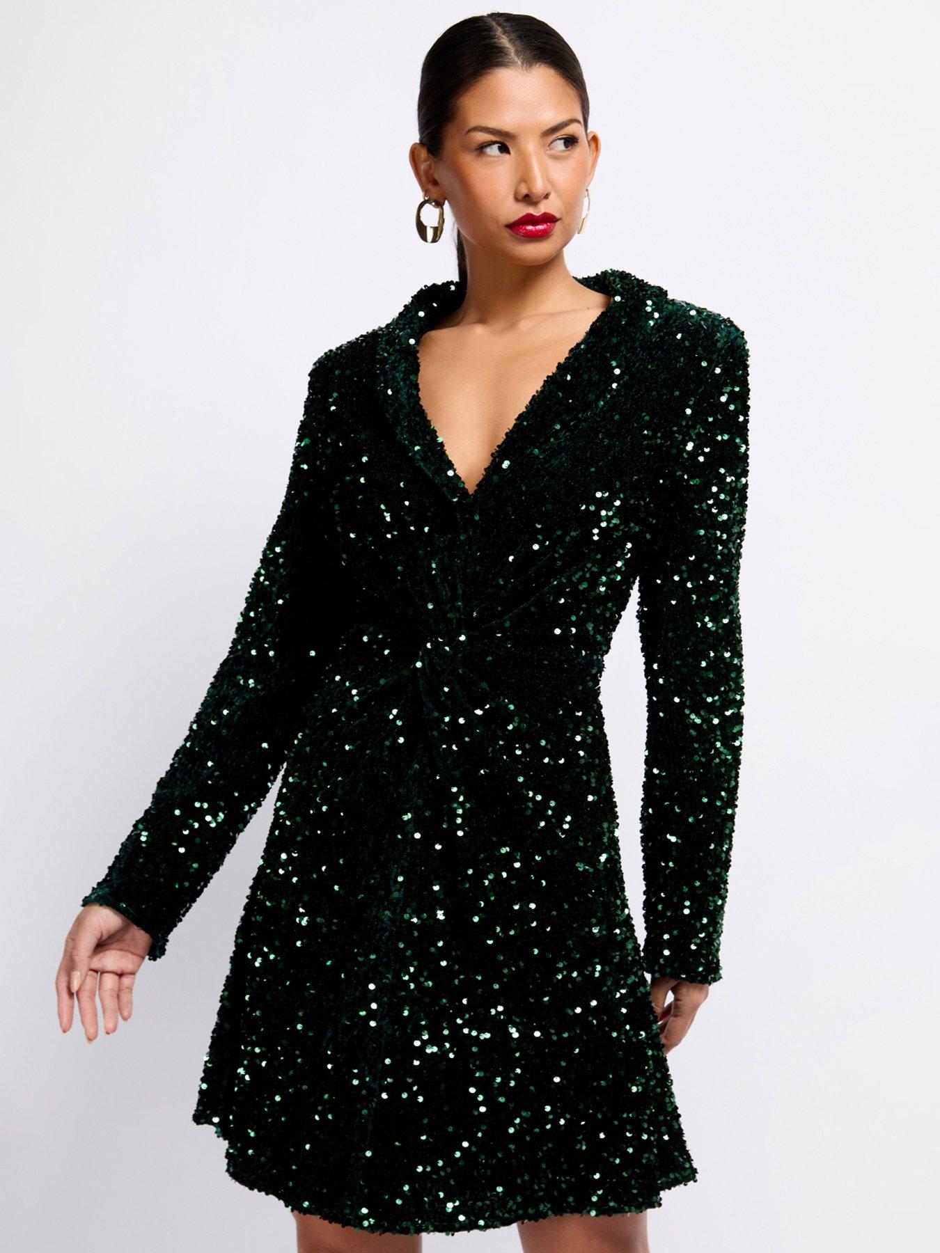 Little Mistress Sequin Velvet Mini Dress - Green