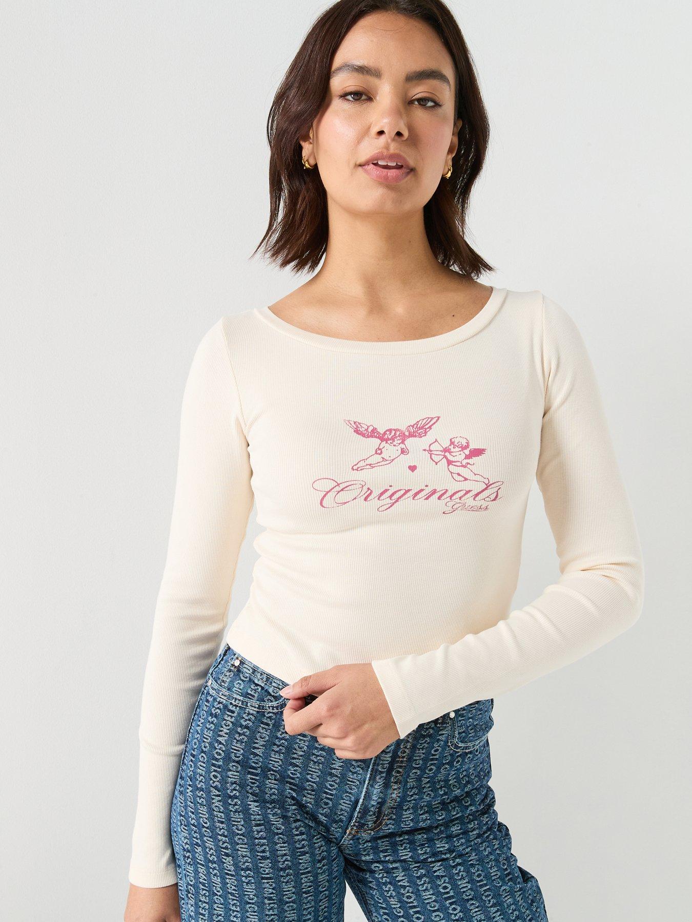 Guess Jeans Boat Neck Long Sleeve Rib Printed Top - Beige
