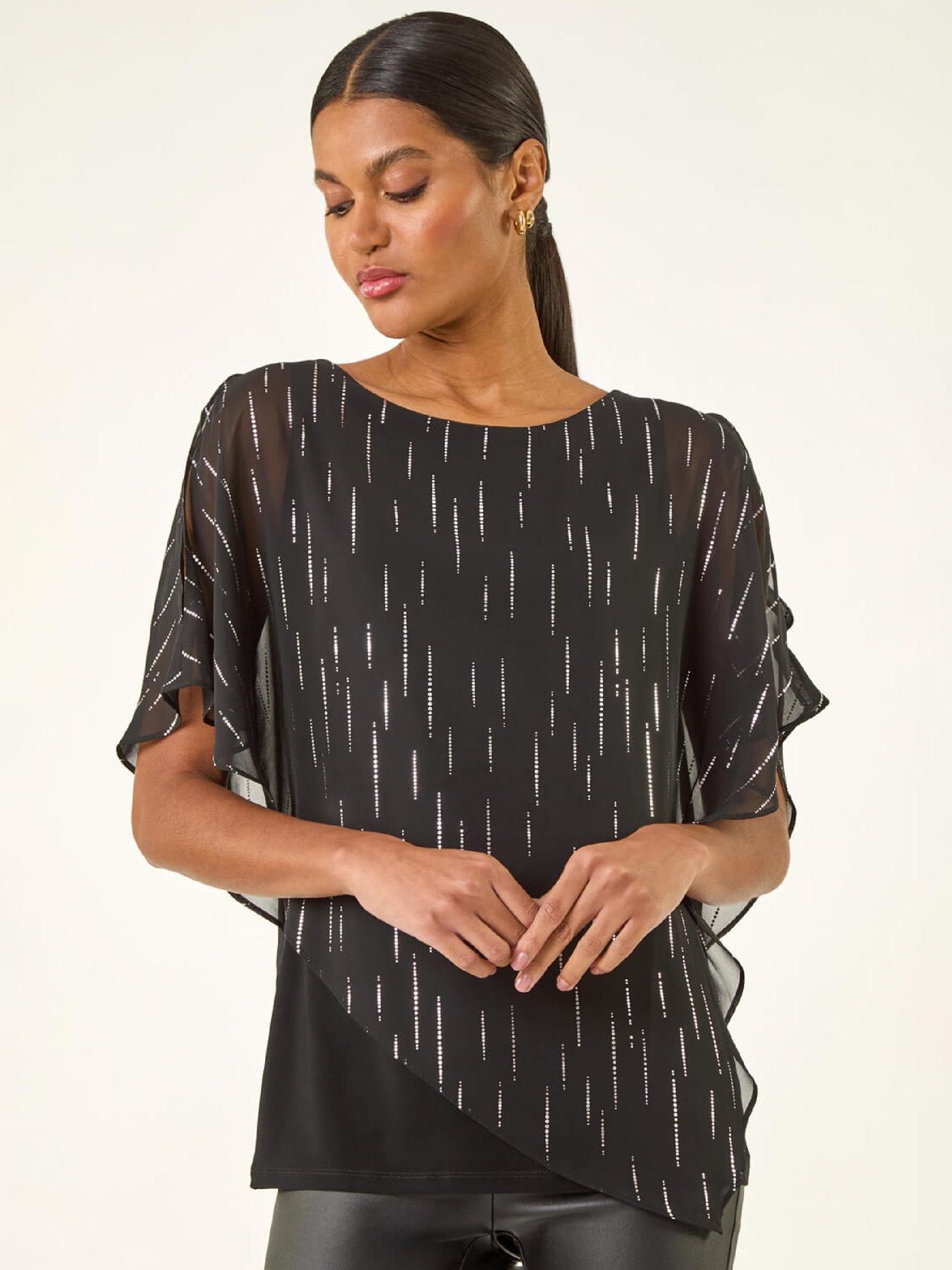 Roman Foil Dot Overlay Asymmetric Top - Black