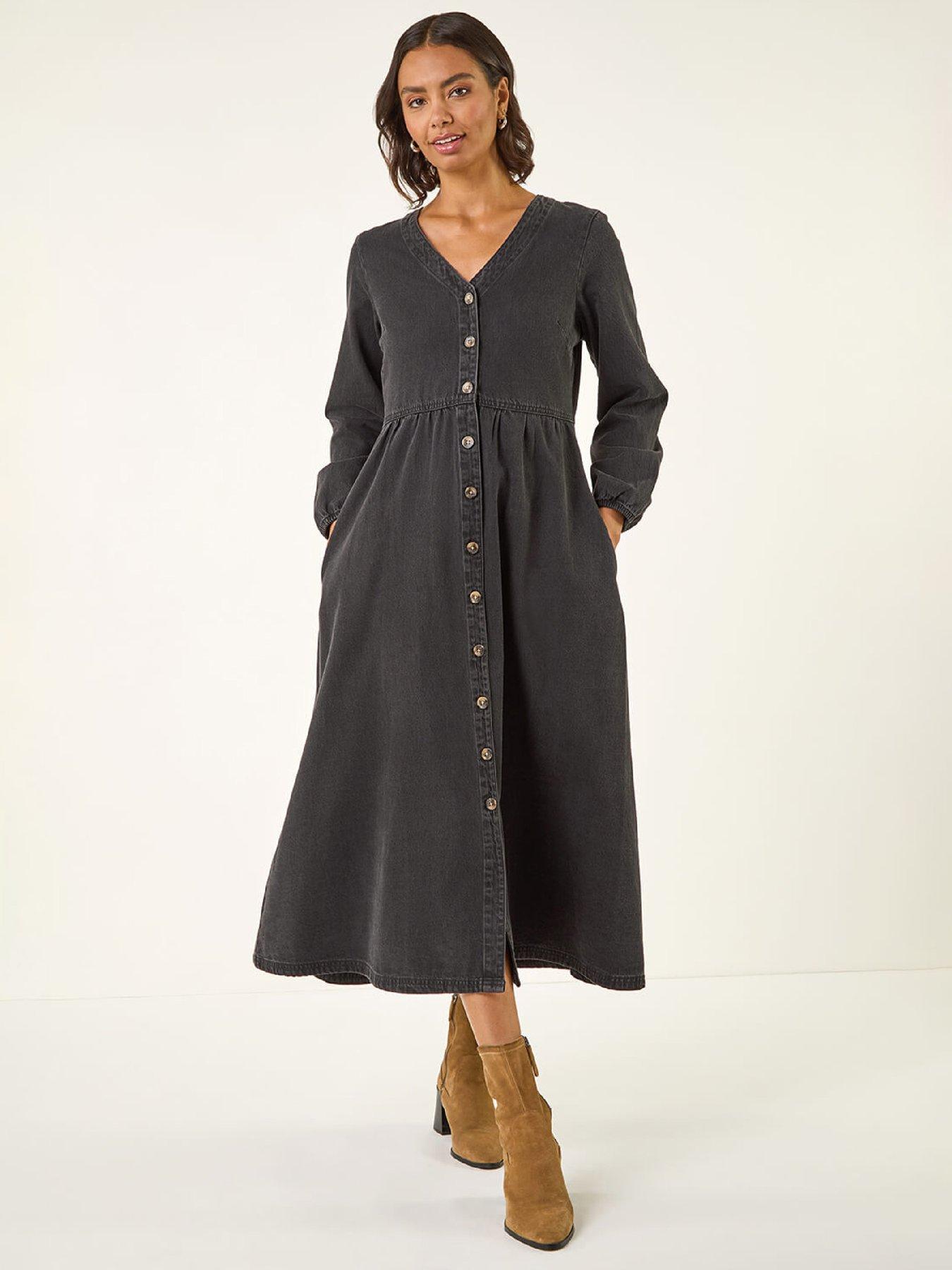 Roman Women's Black Denim Button Through Midi Dress In Size 10 - Image 3