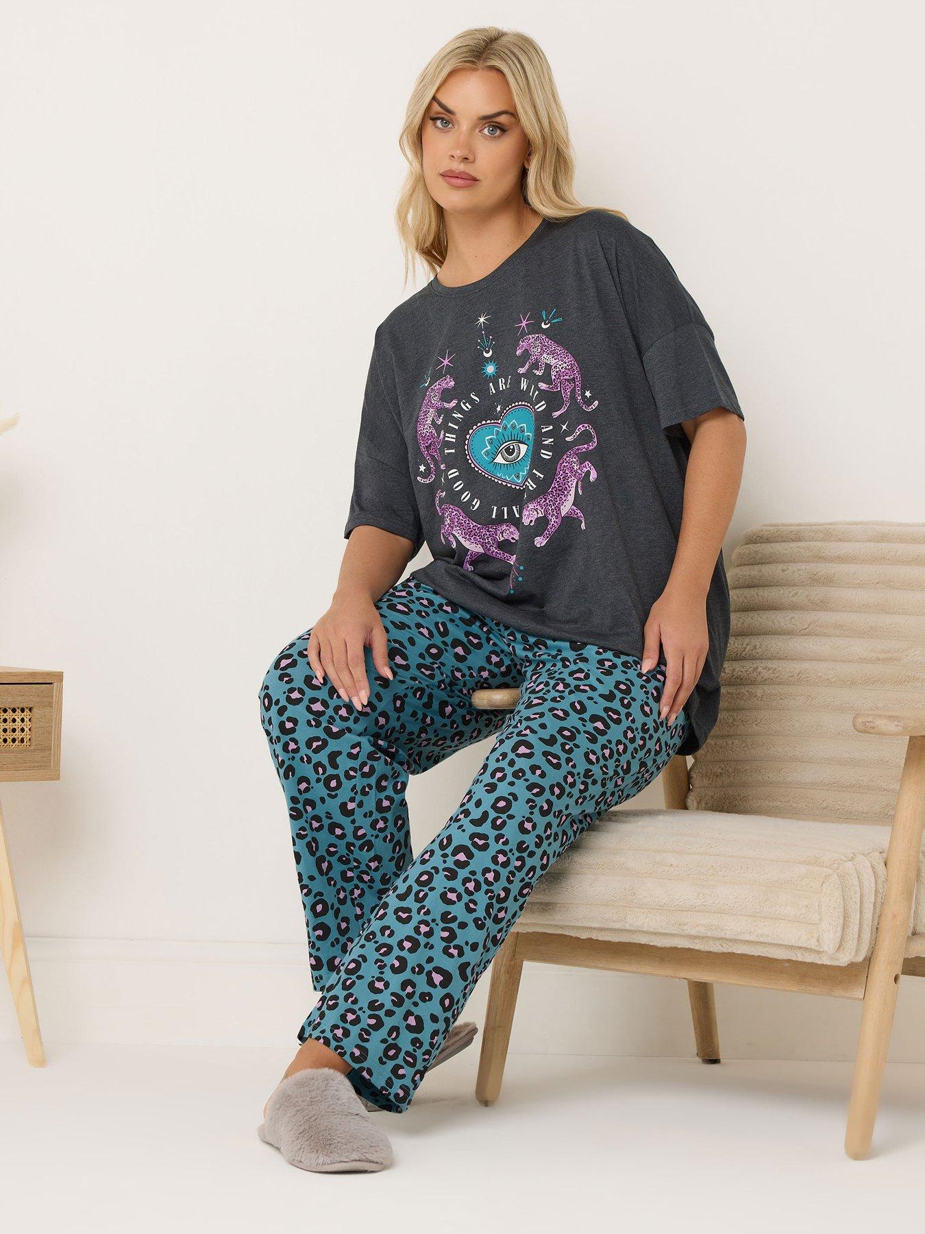 Image 1 of 5 of Yours Curve Wild And Free Wide Leg Pyjama Set - Grey