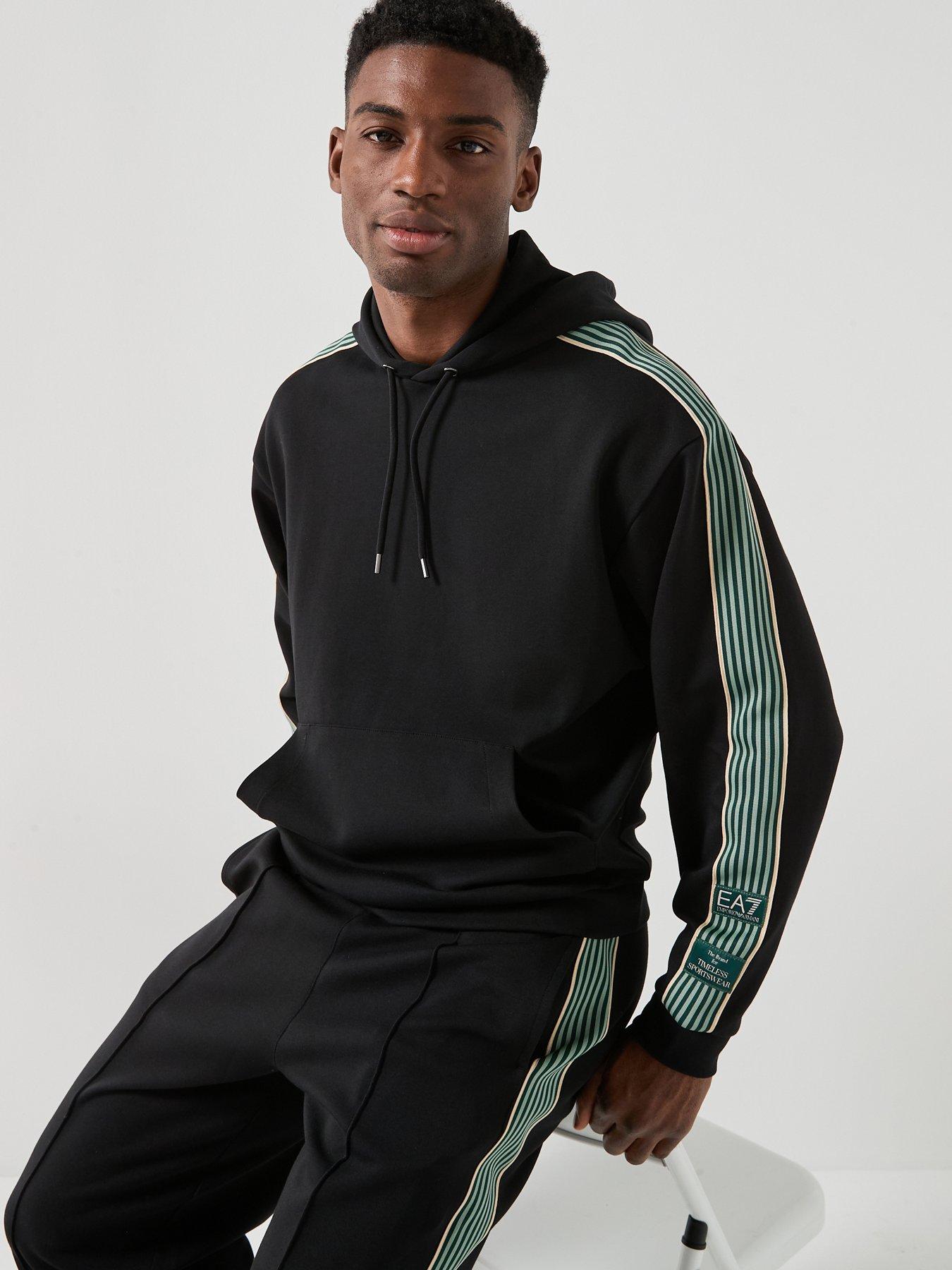 EA7 Emporio Armani Train Premium Taped Sleeve Overhead Hoodie, Black, Size S, Men