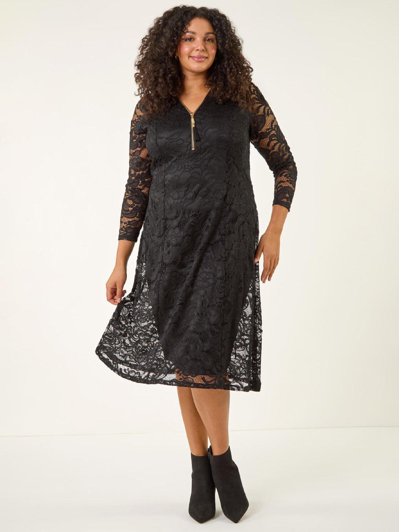 Roman Curve Zip Front Lace Midi Dress