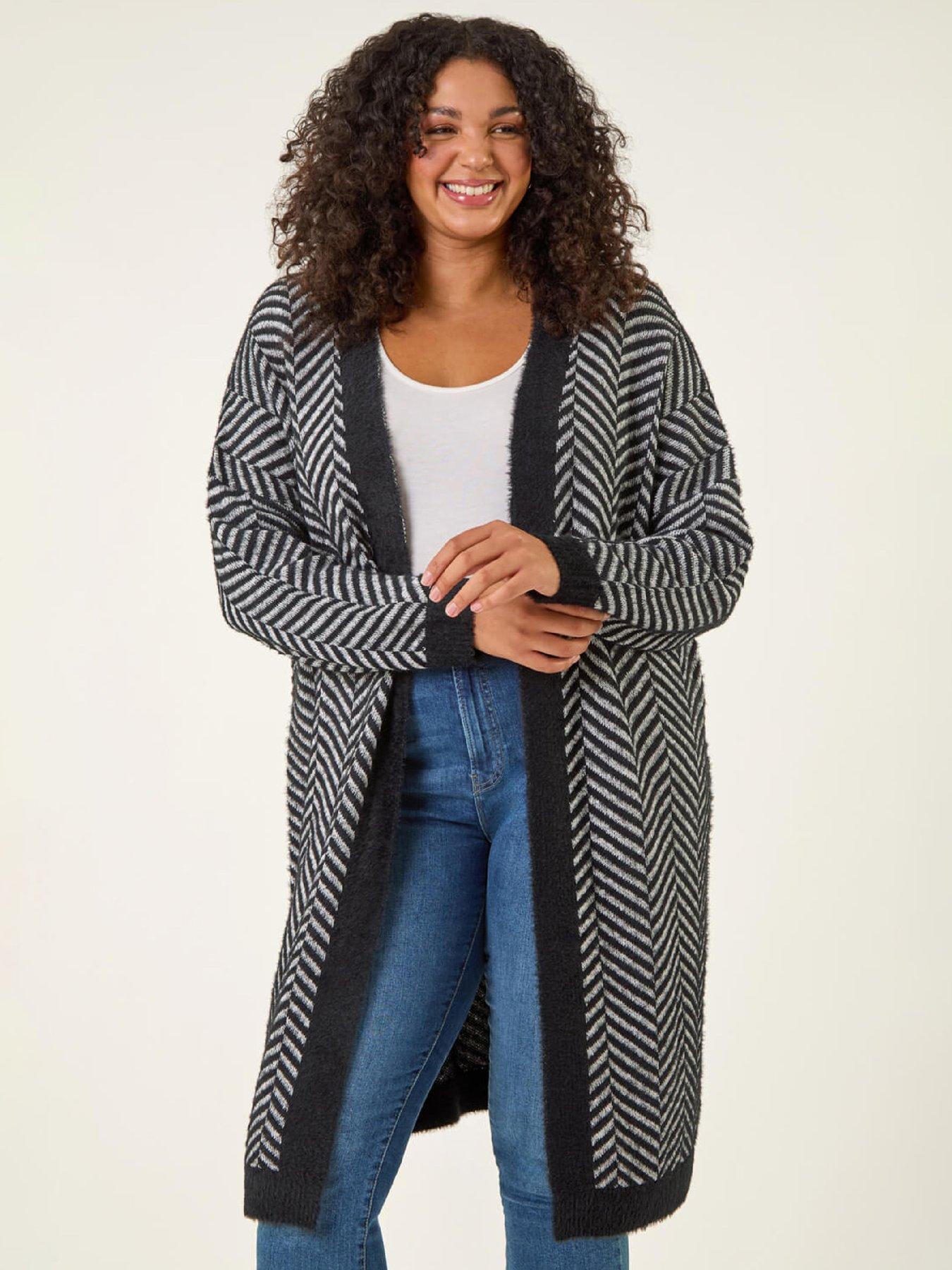 Roman Curve Chevron Fluffy Knit Cardigan