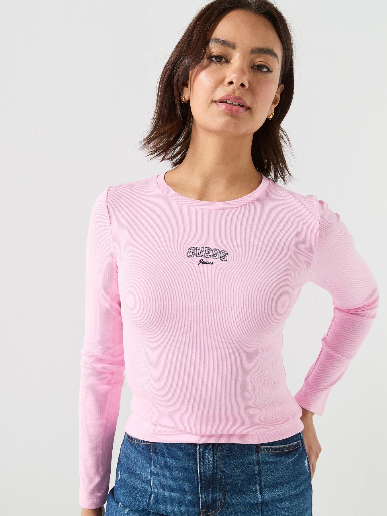 Guess Long Sleeve Slim T-Shirt, Pink, Size L, Women
