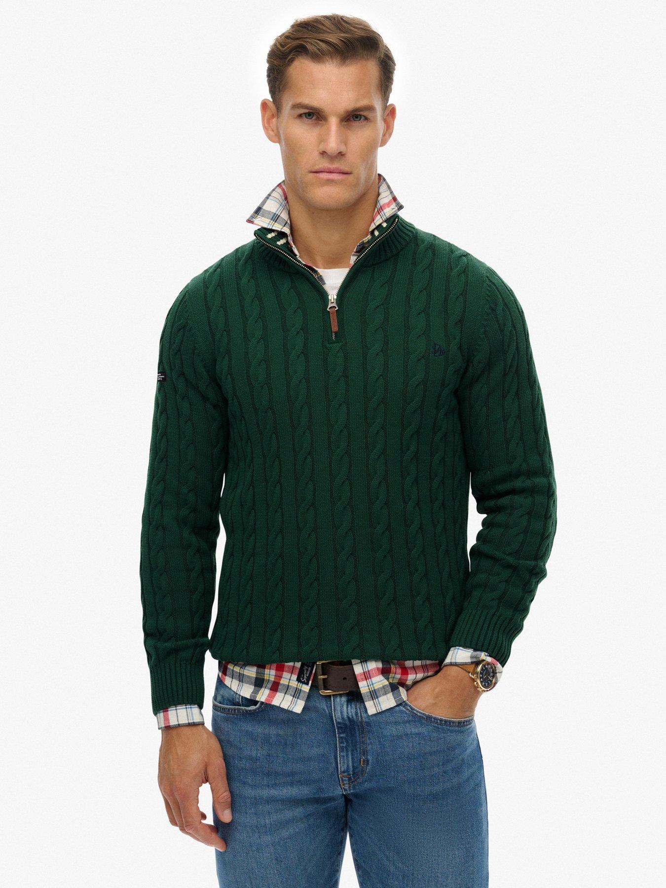 Superdry Cotton Classic Cable Quarter Zip Knitted Jumper - Dark Green