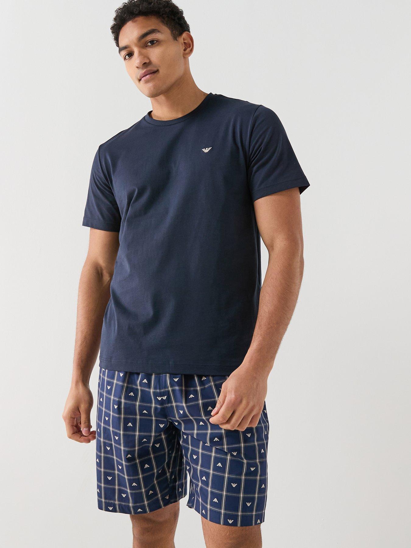 Emporio Armani Bodywear Yarn Dyed Woven Shortie Pyjama Set, Dark Blue, Size Xl, Men