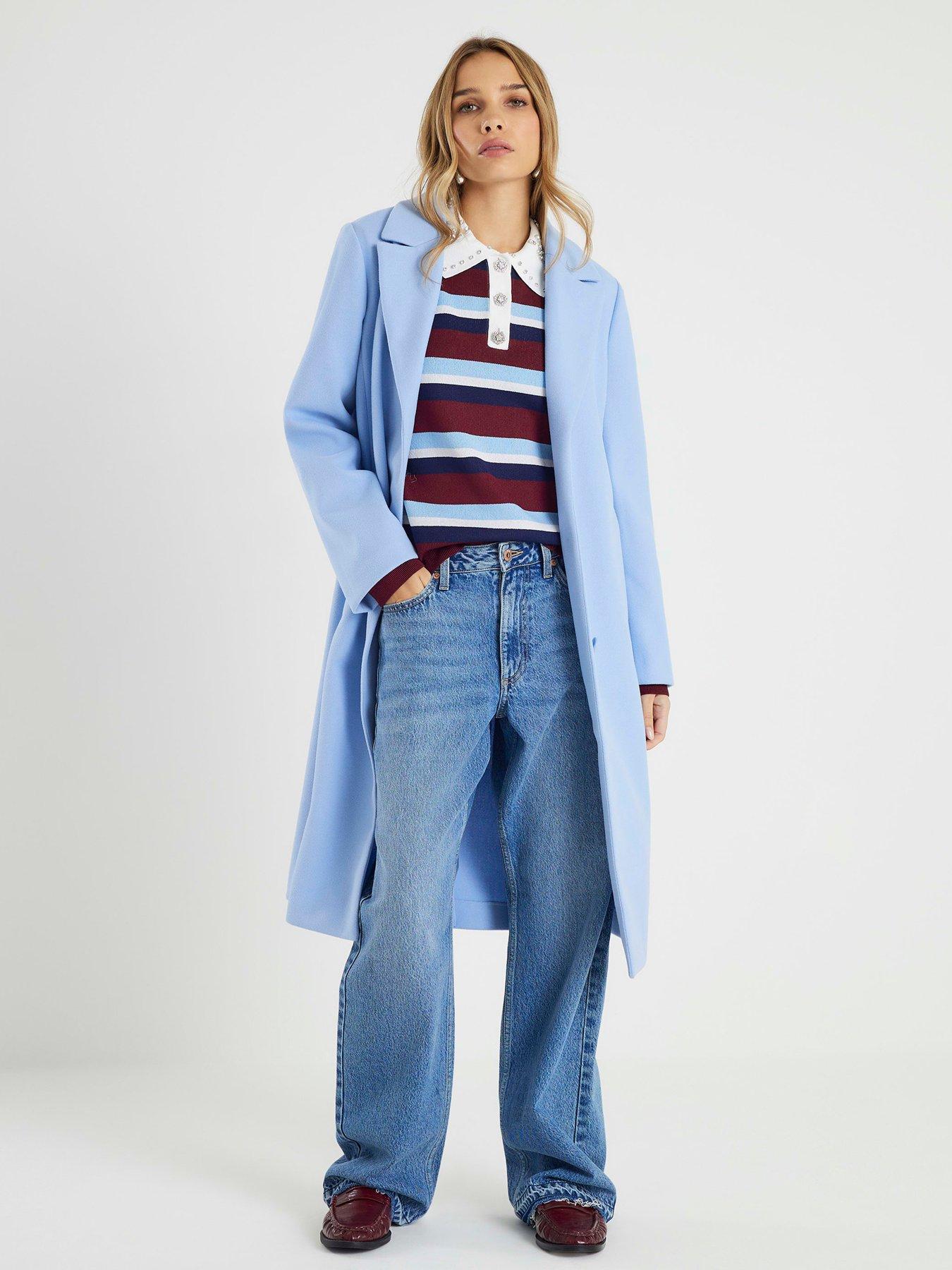 Image 1 of 4 of River Island Single Breasted Longline Coat - Blue