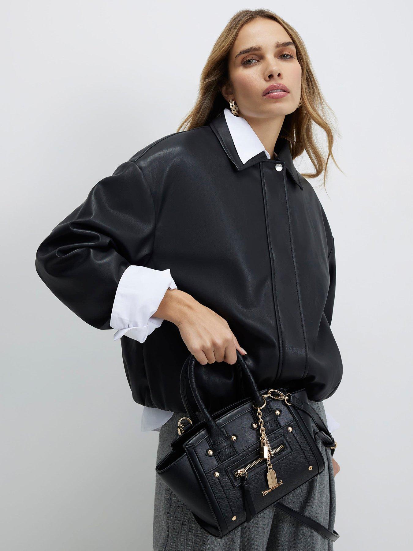 Image 1 of 6 of River Island Small Winged Panelled Zip Tote Bag - Black