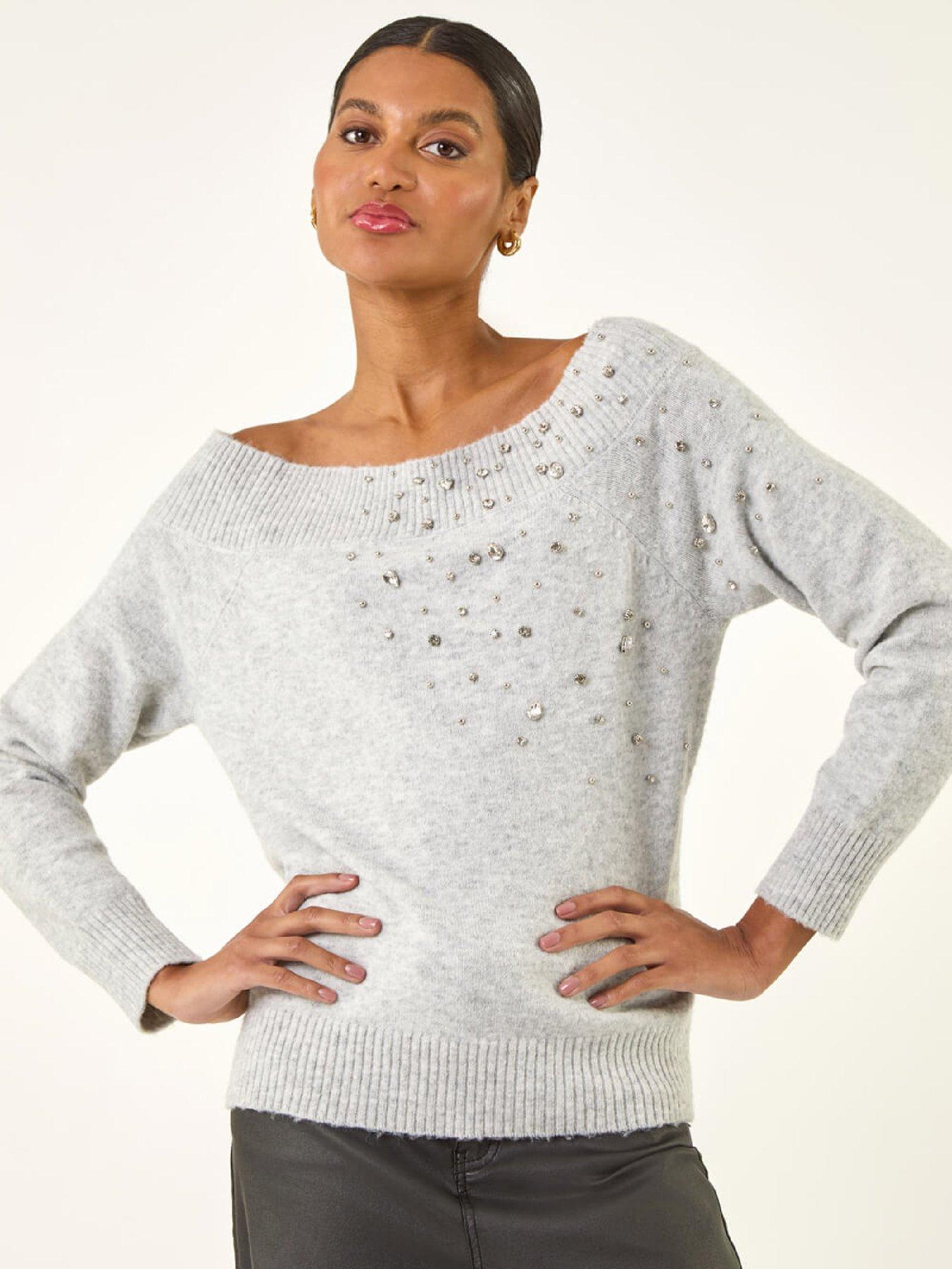 Roman Embellished Soft Knit Jumper - Grey, Grey, Size 14, Women