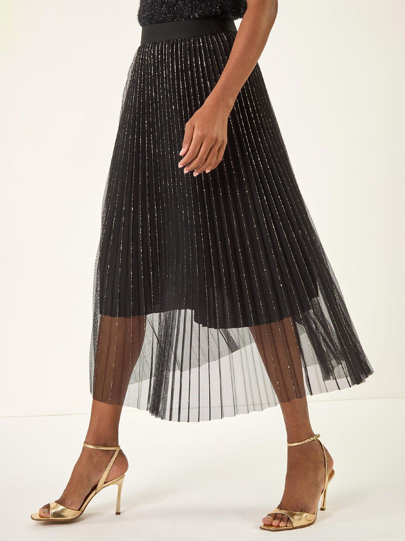 Roman Shimmer Mesh Pleated Skirt - Black