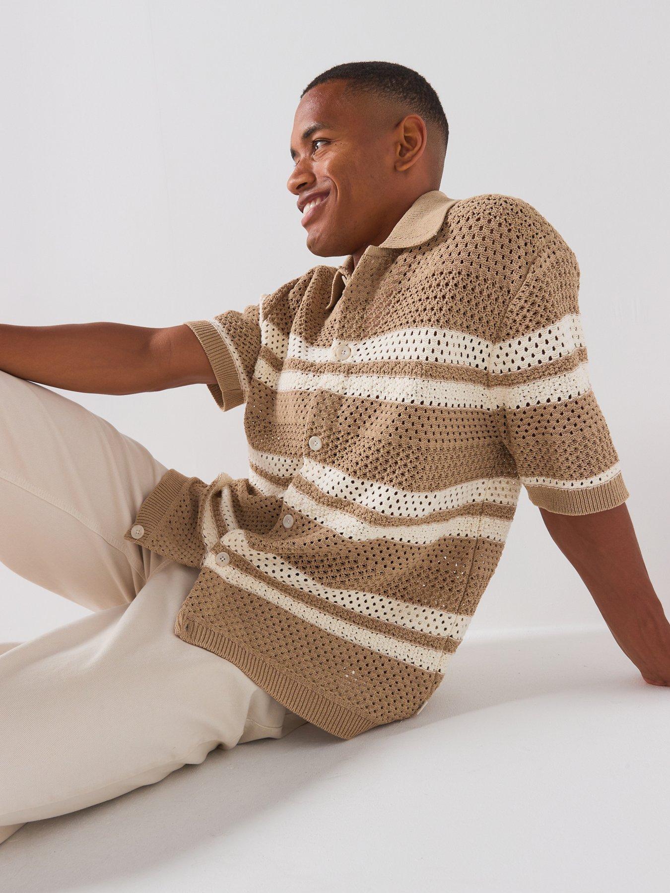 Les Deux Gianni Knitted Short Sleeve Shirt, Dark Beige, Size Xl, Men