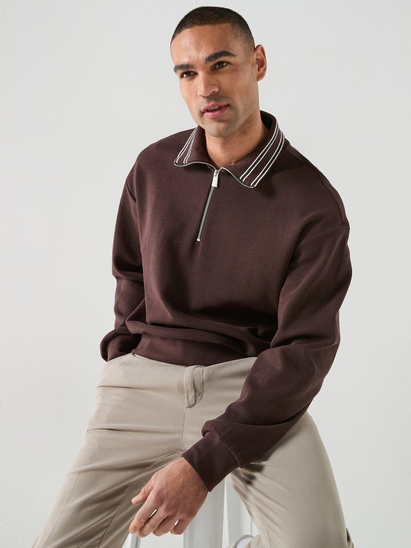 BOSS: Relaxed Fit 1/4 Zip Jumper - Brown