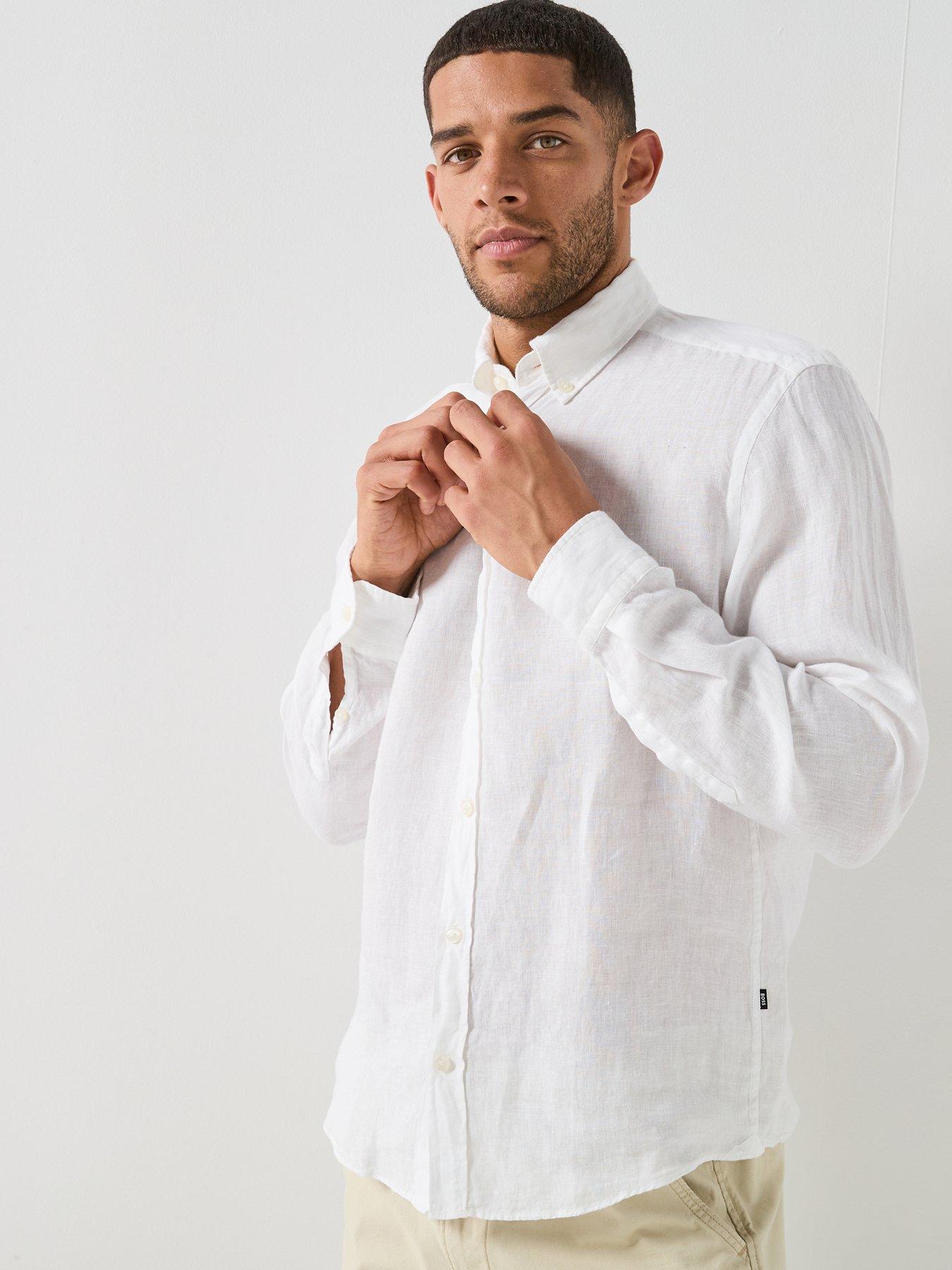 Boss H-Roan Button Down Relaxed Fit Linen Shirt - White