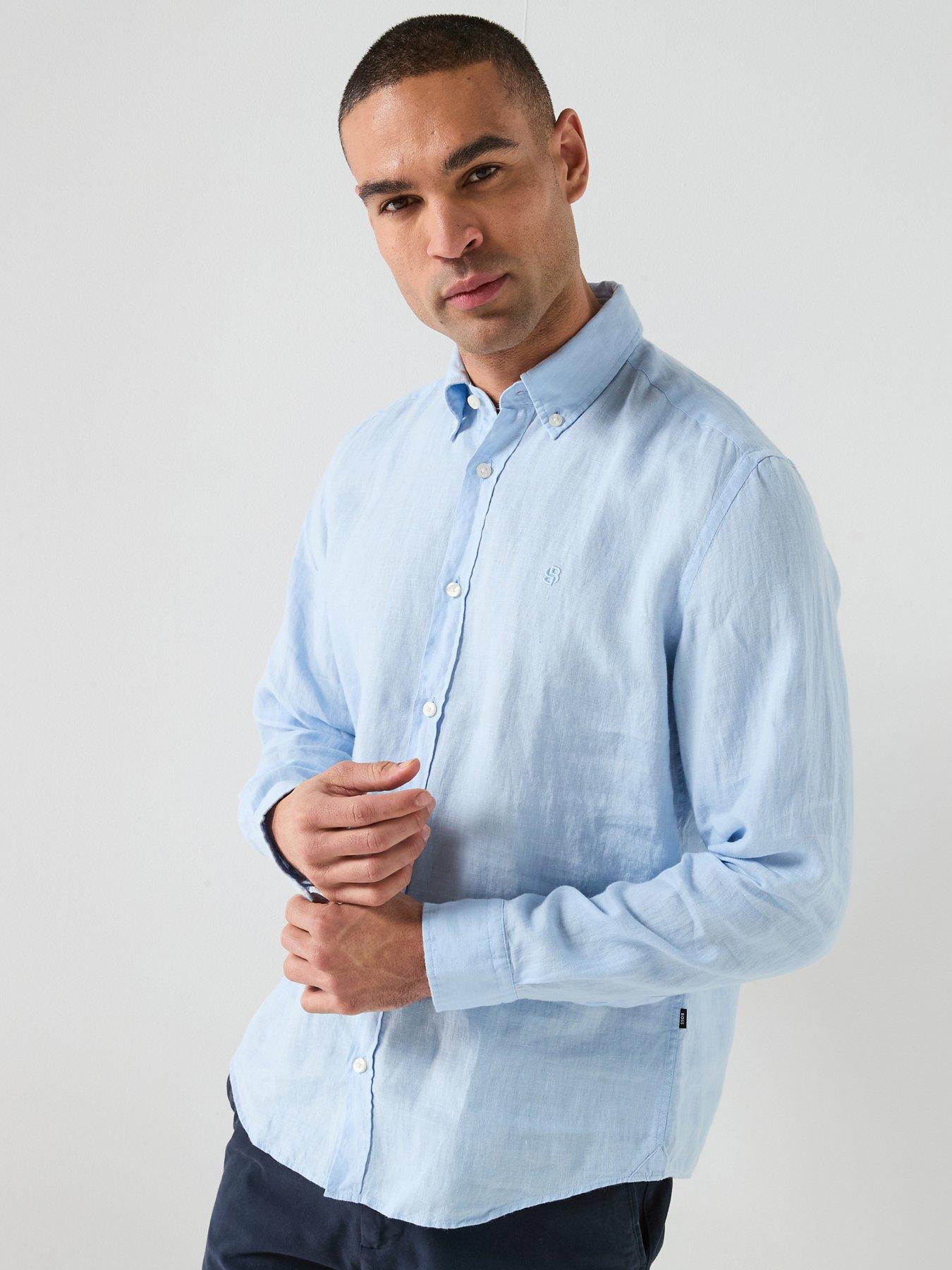 BOSS H-Roan Button Down BB Relaxed Fit Linen Shirt - Light Blue