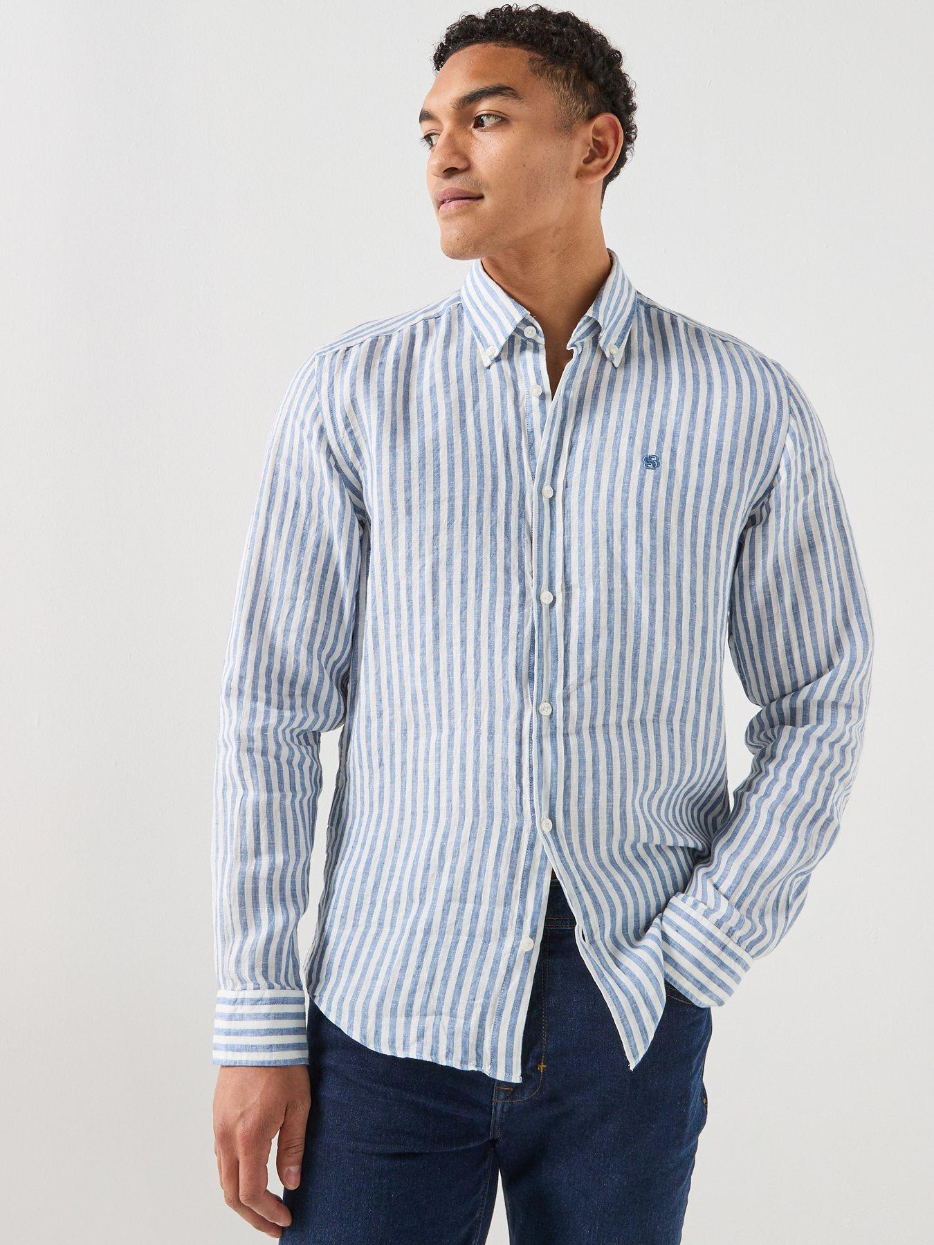 BOSS Button Down Relaxed Fit Stripe Linen Shirt - Blue