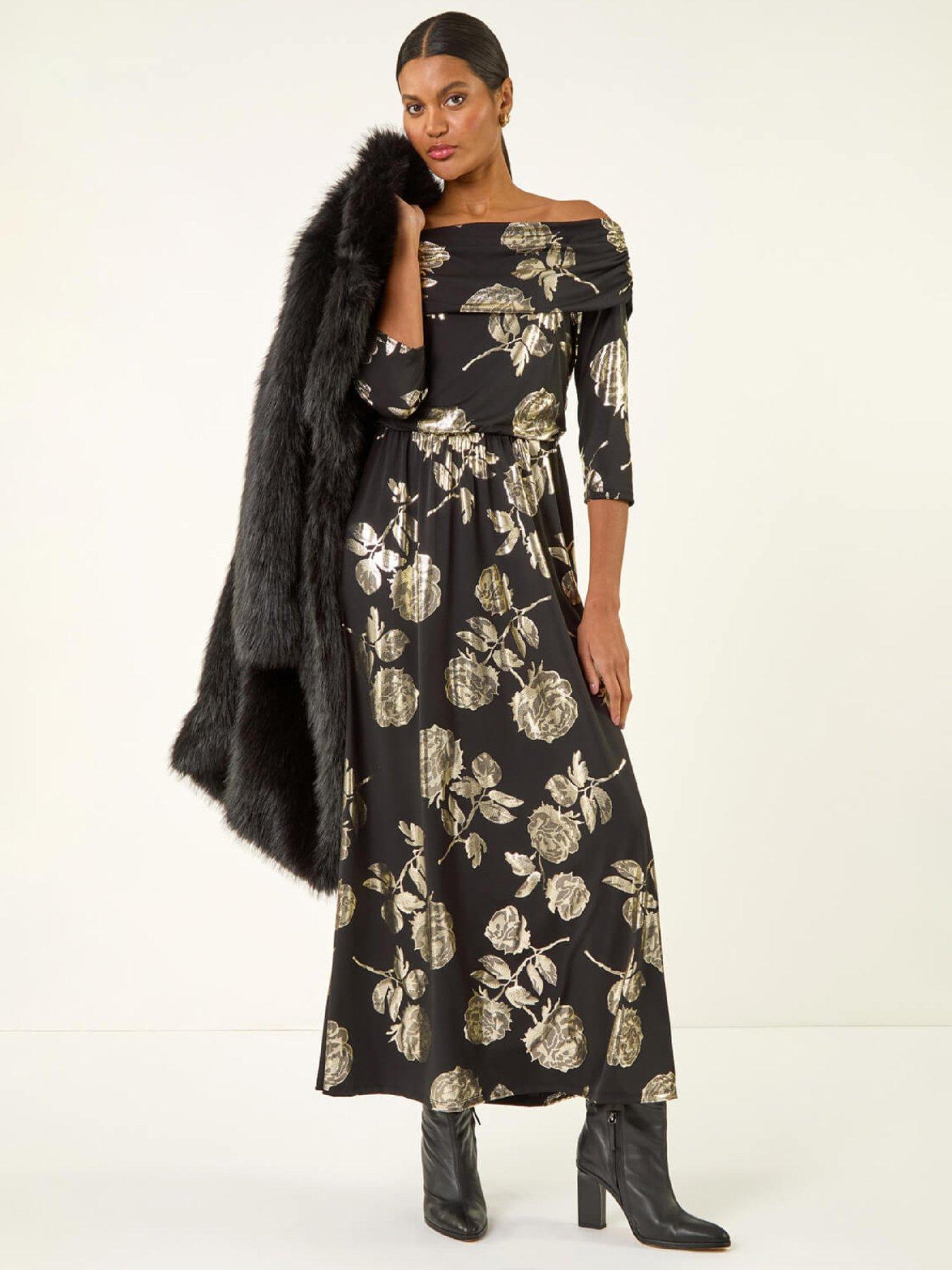 Roman Floral Foil Bardot Midi Dress