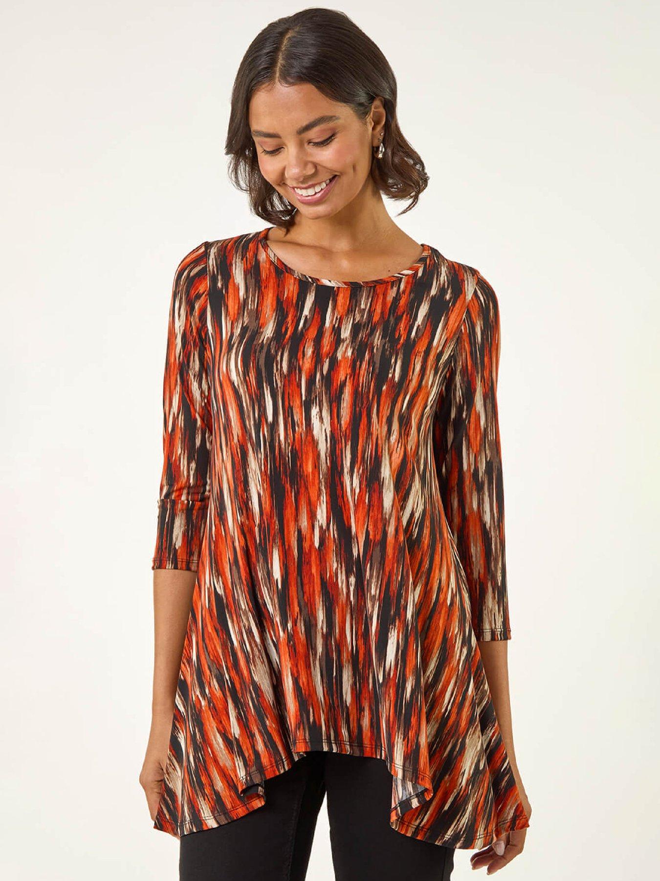 Roman Abstract Print Hanky Hem Stretch Top