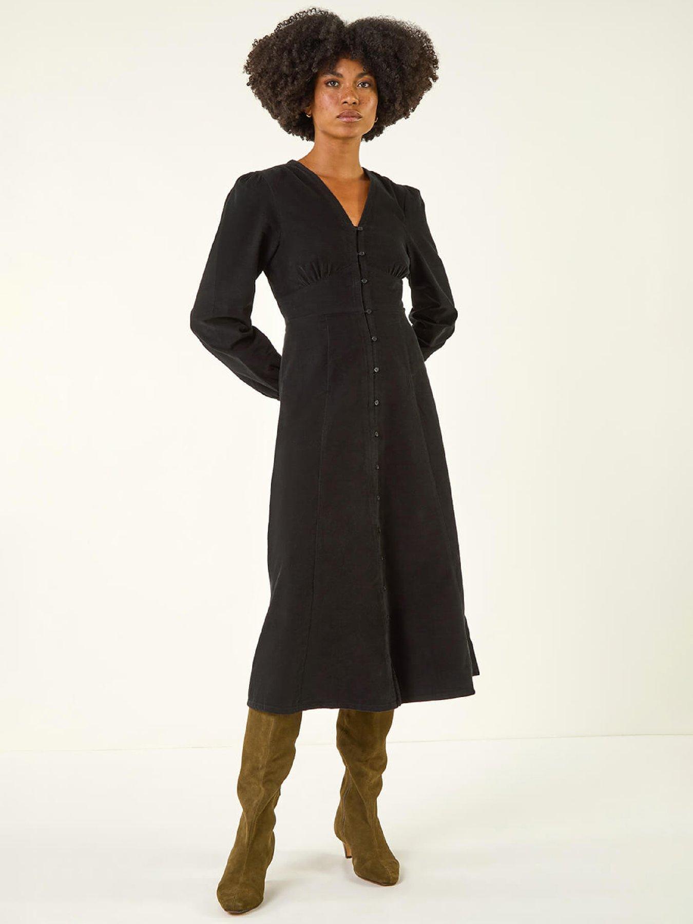 Roman Corduroy Button Through Midi Dress - Black