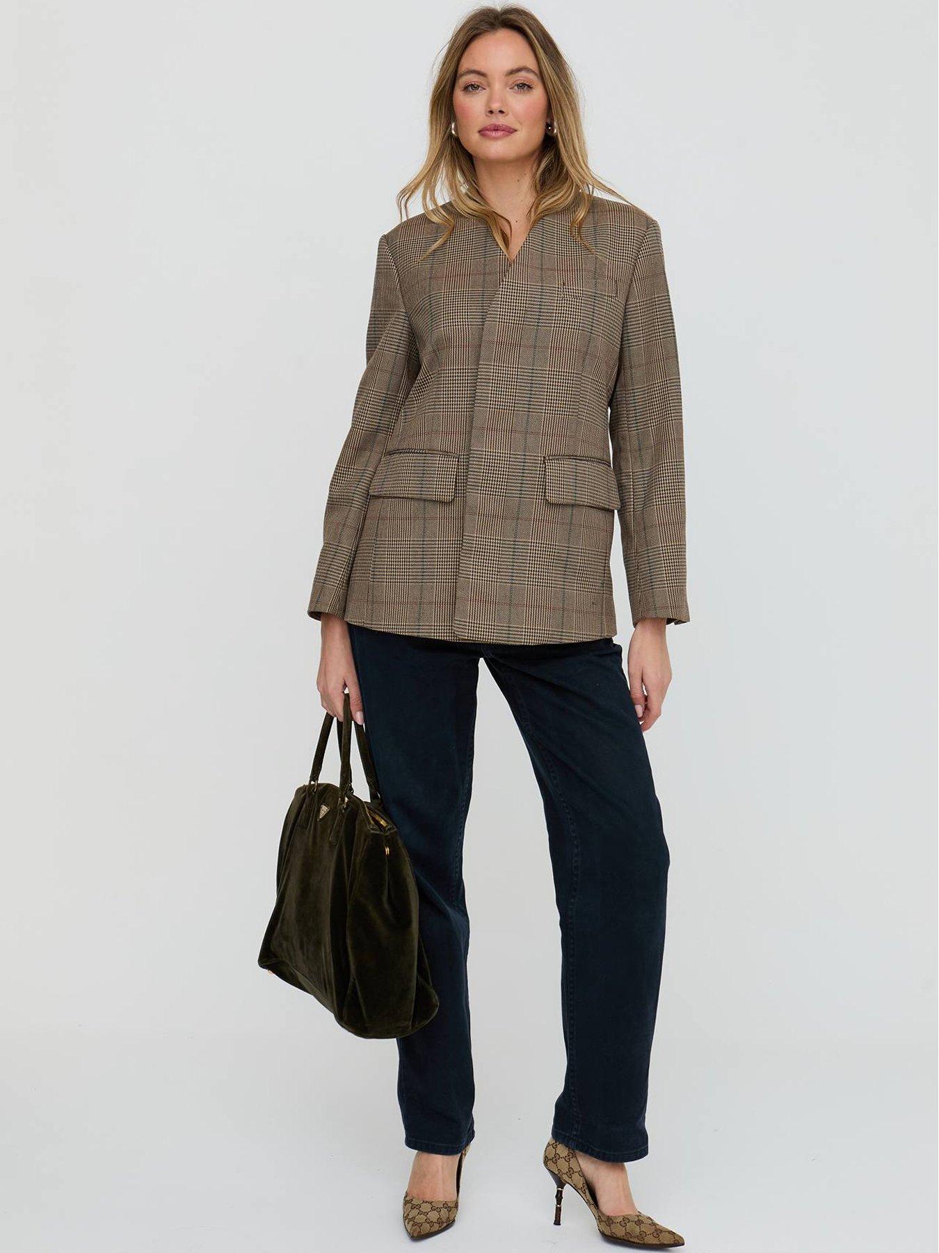 Lily & Lionel Leah Collarless Check Print Jacket In - Brown