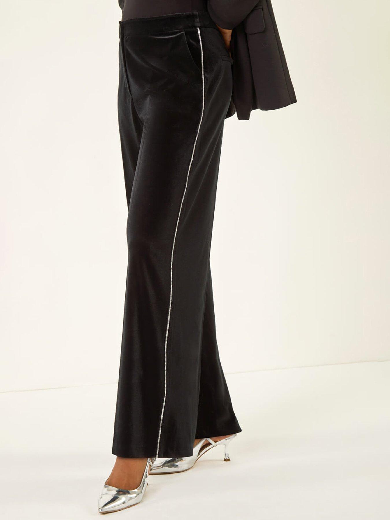 Roman Velvet Diamante Side Trim Trouser - Black