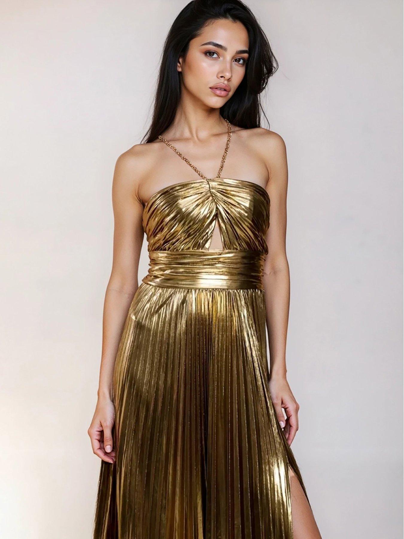 Little Mistress Metallic Pleated Maxi Dress - Gold | Very
