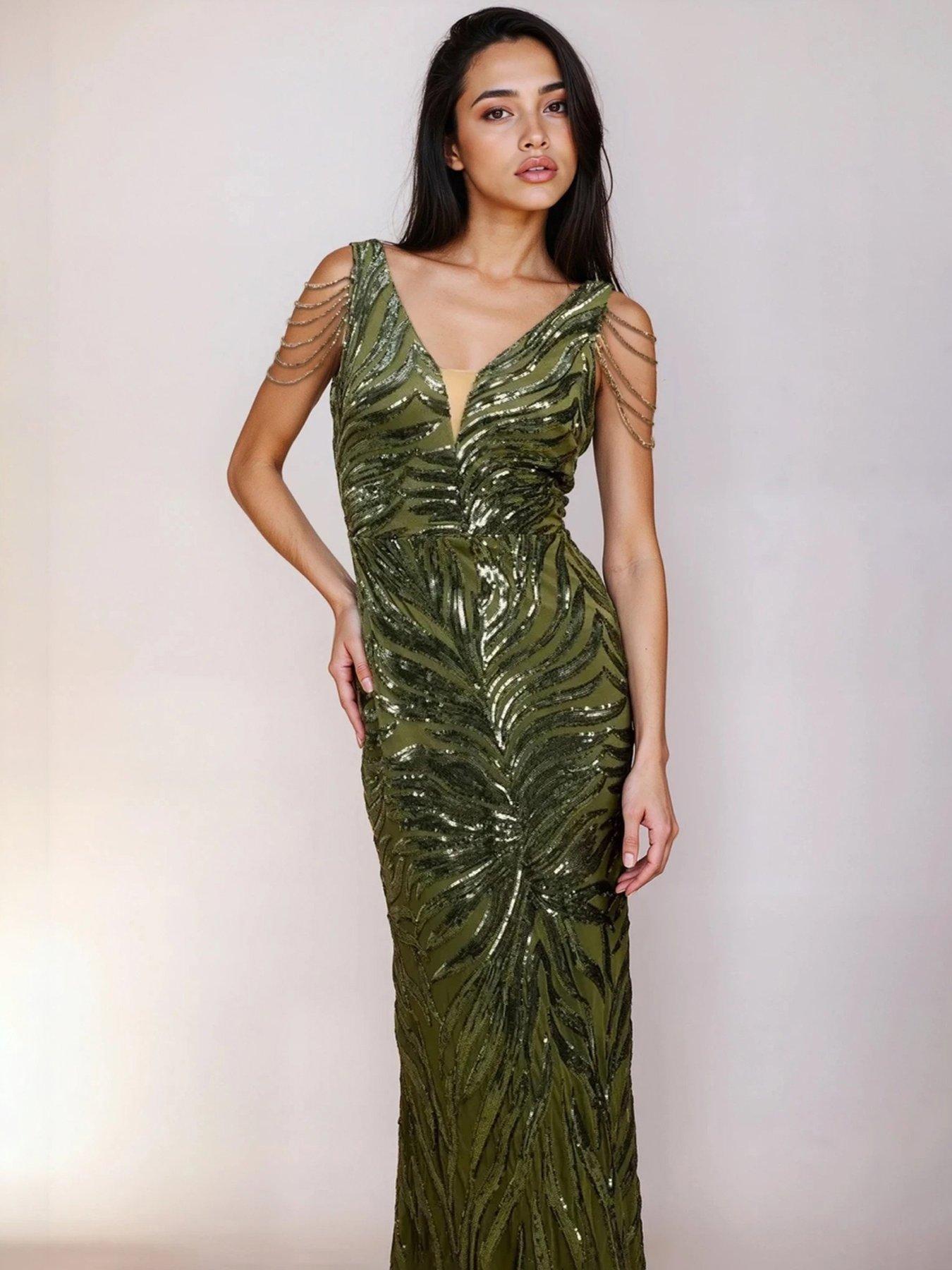 Little Mistress Khaki Sequin Fishtail Maxi Dress - Green
