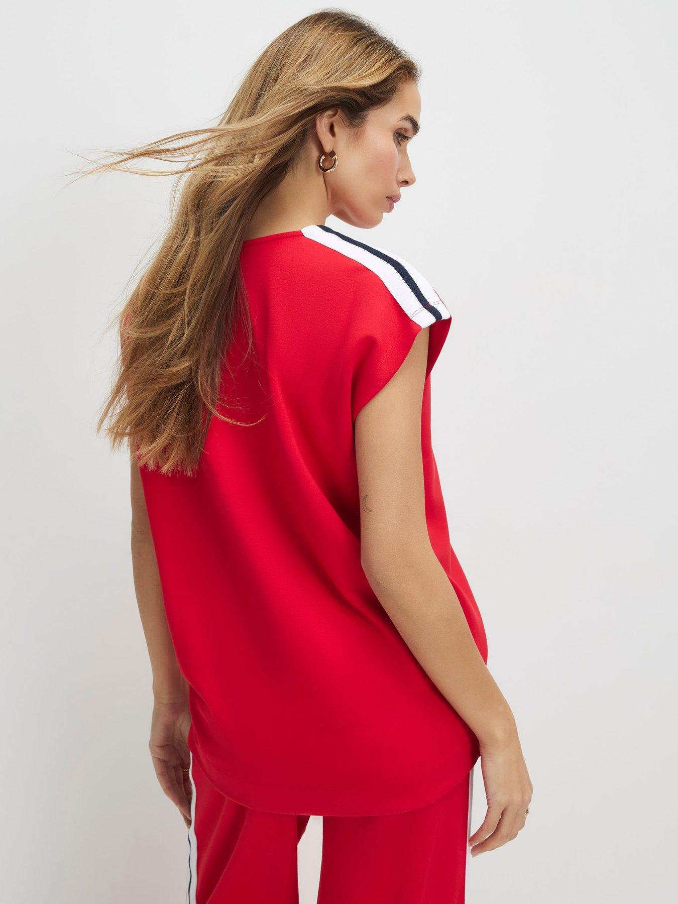 Image 2 of 4 of River Island Short Sleeve Tape Neoprene V Neck Top - Red