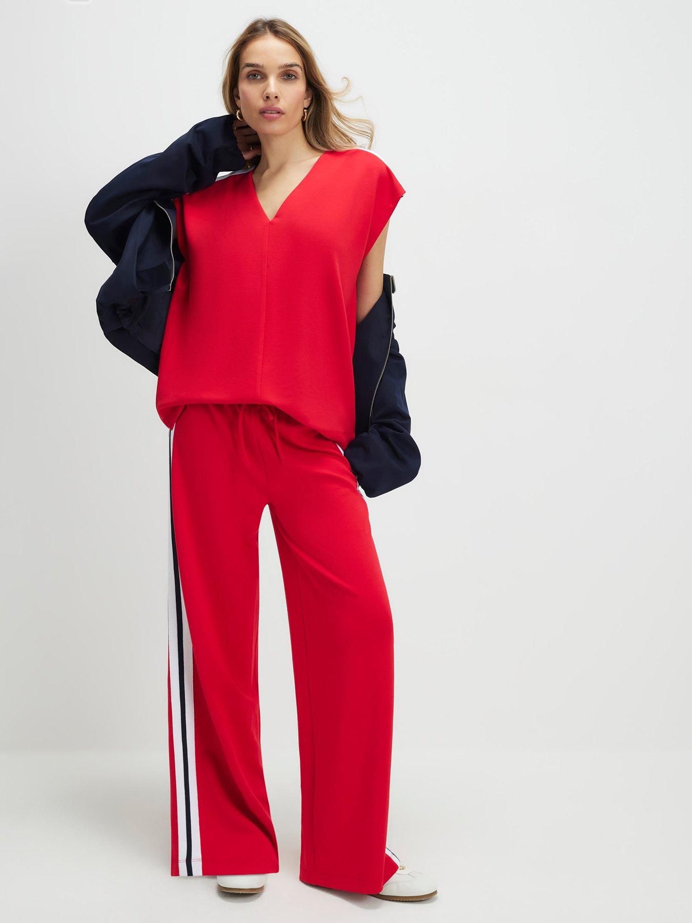 Image 3 of 4 of River Island Short Sleeve Tape Neoprene V Neck Top - Red