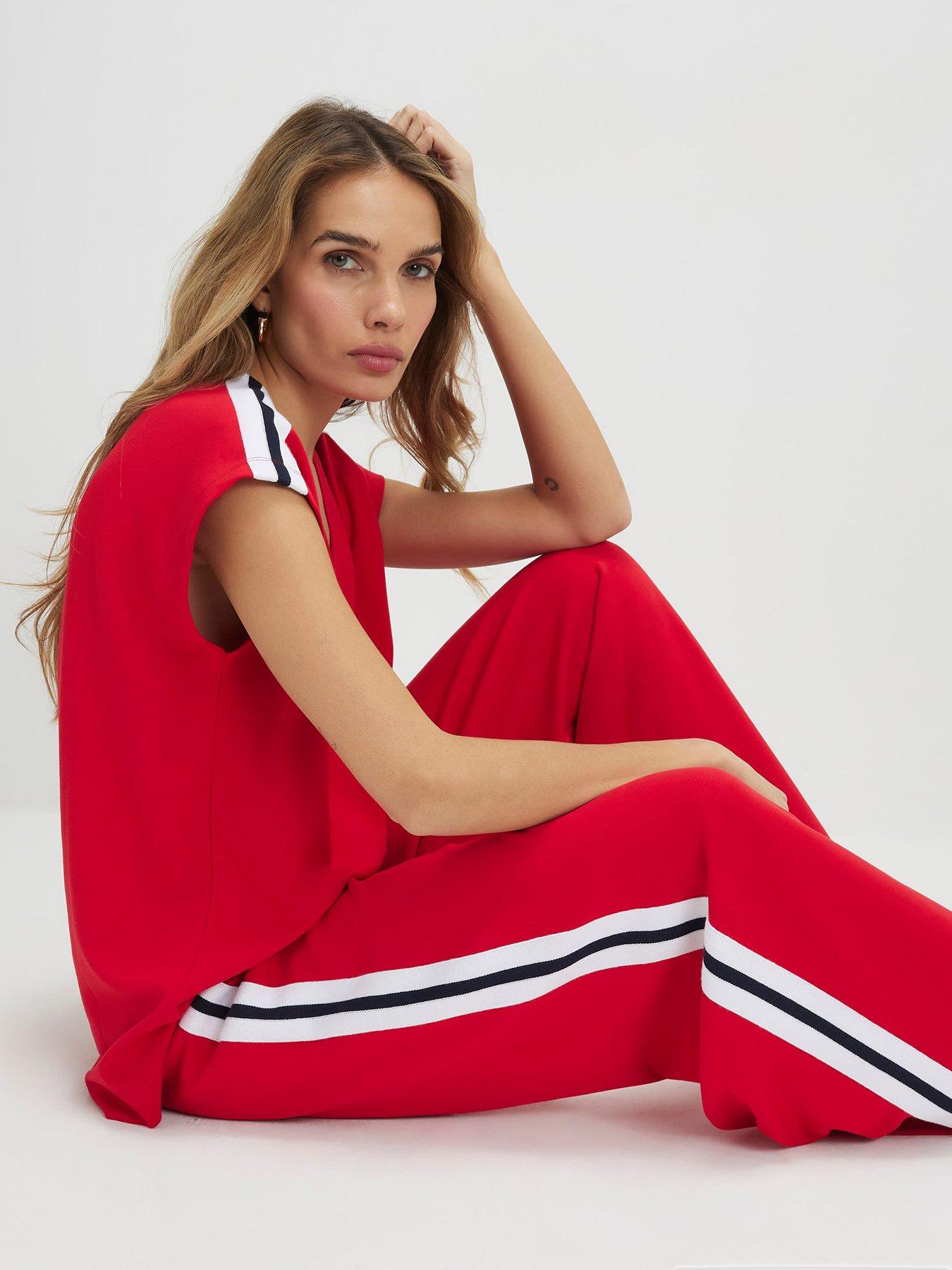 Image 4 of 4 of River Island Short Sleeve Tape Neoprene V Neck Top - Red