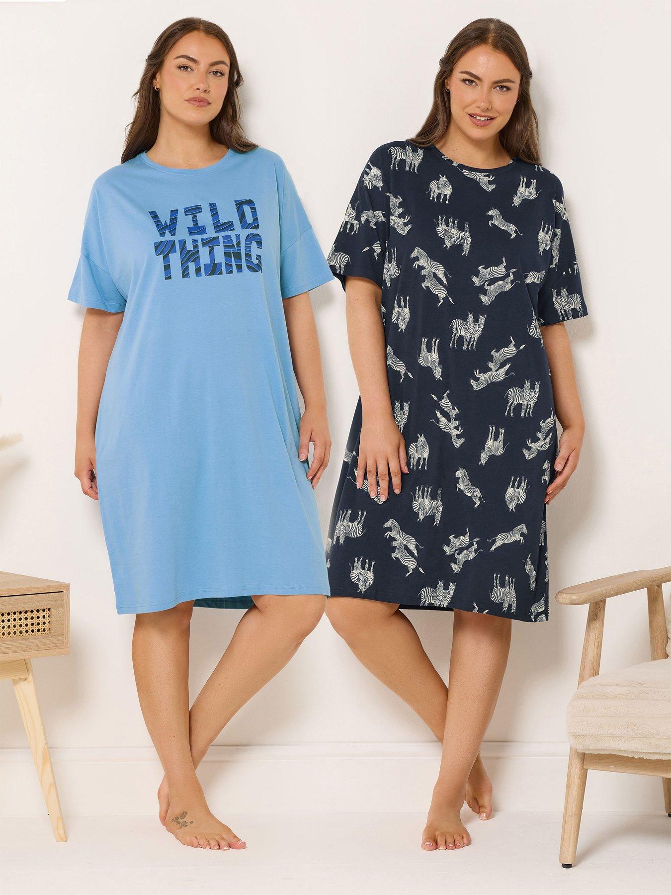 Image 1 of 7 of Yours Curve 2 Pack Wild Sleeptee Nightdress - Blue