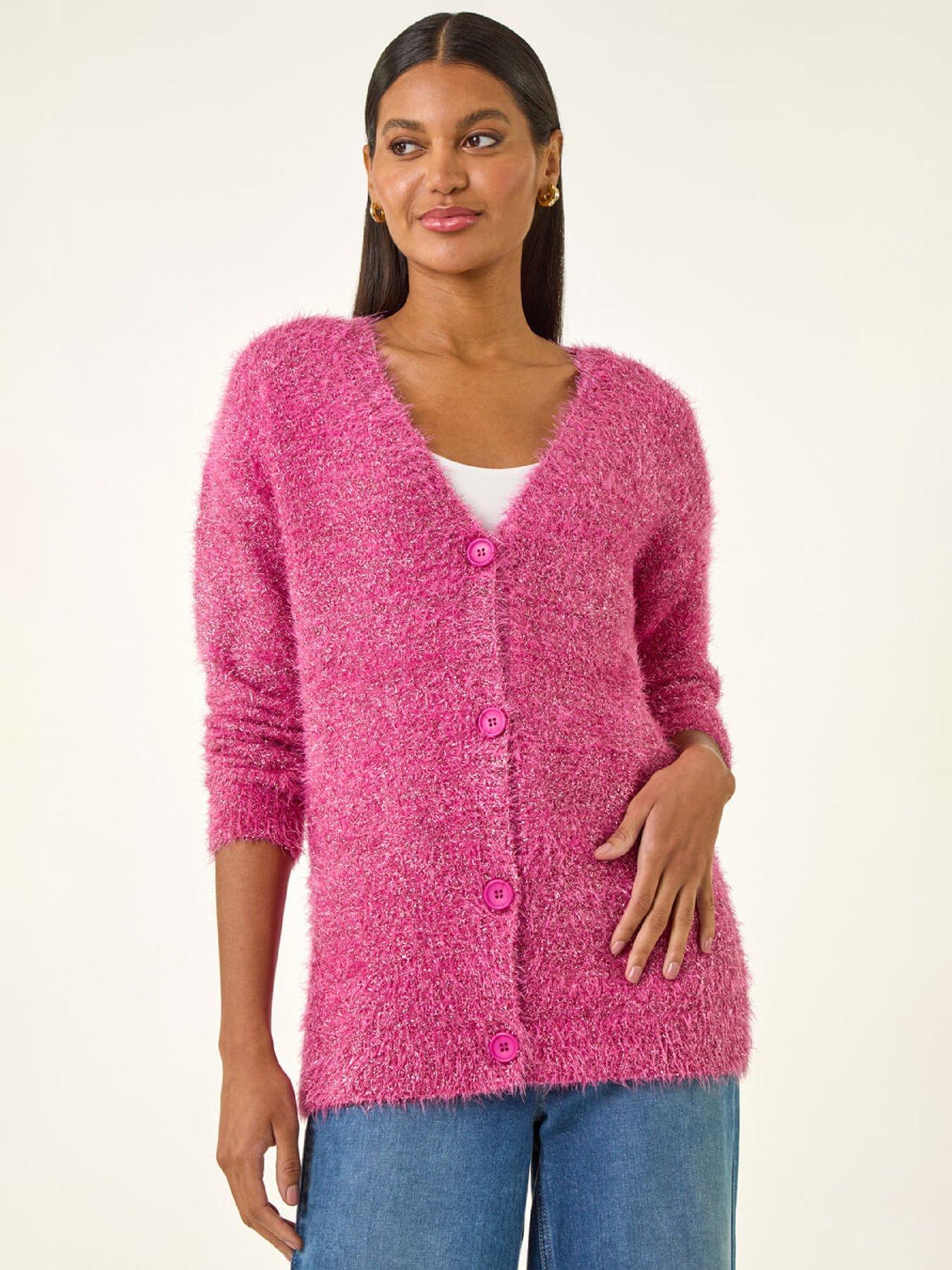 Roman Buttoned Tinsel Knit Cardigan - Pink