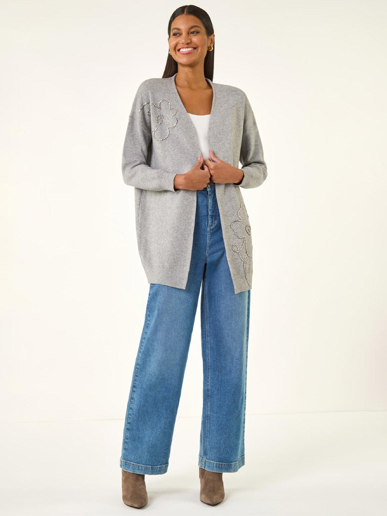 Roman Floral Embellished Knit Cardigan, Grey, Size 20, Women