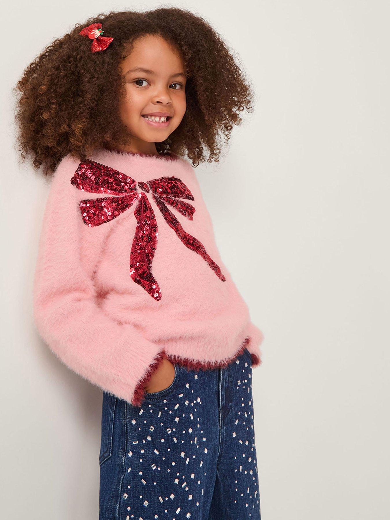Monsoon Girls Sequin Bow Knitted Jumper Pink Very
