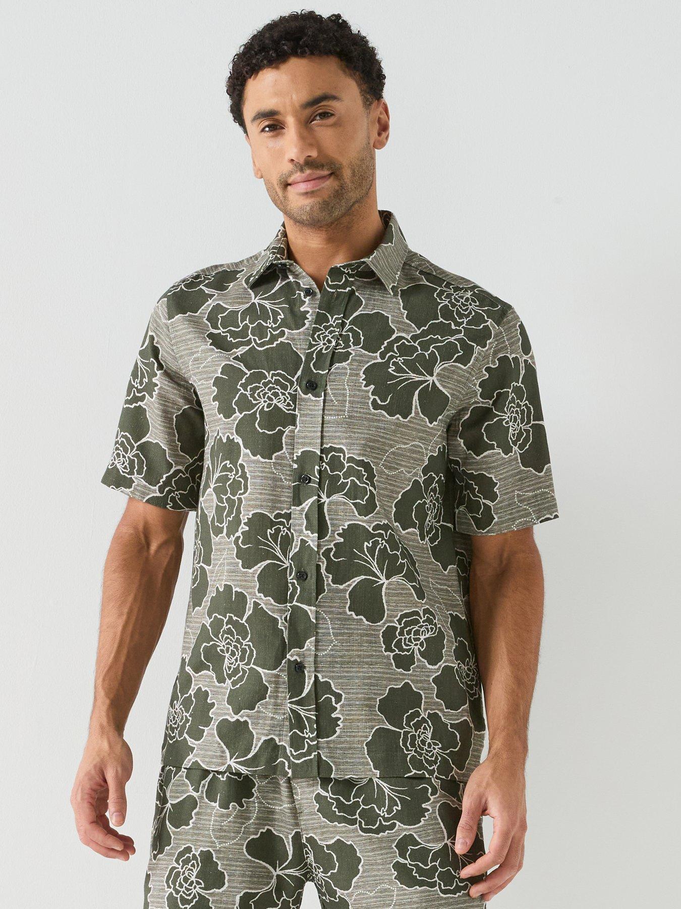 Les Deux Charlie Poppy Aop Floral Short Sleeve Shirt, Green, Size Xl, Men