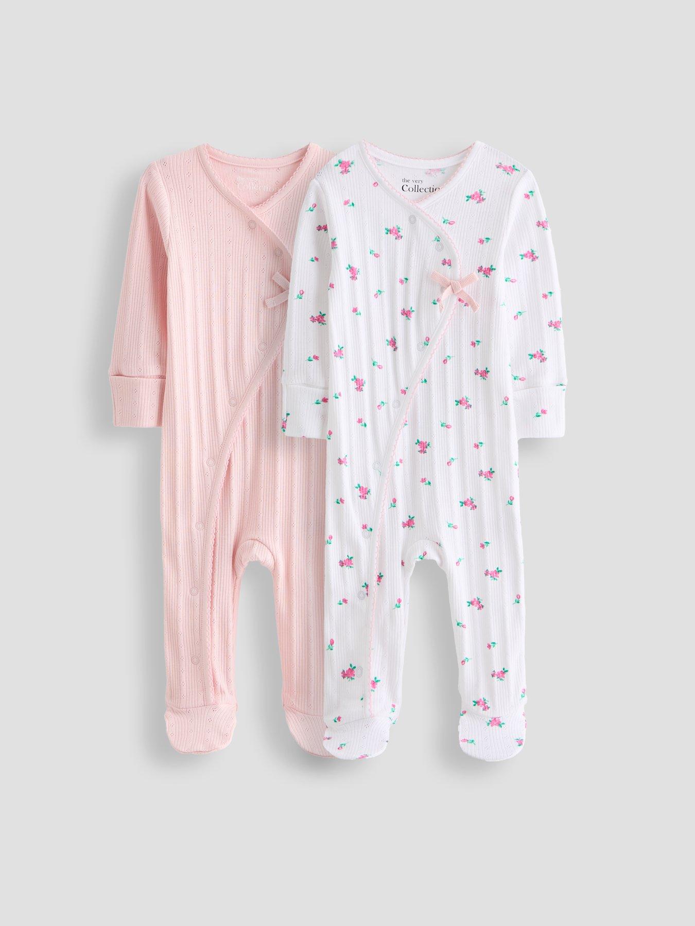 Image 1 of 5 of The Very Collection 2 Pack Floral Print Pink Pointelle Sleepsuits