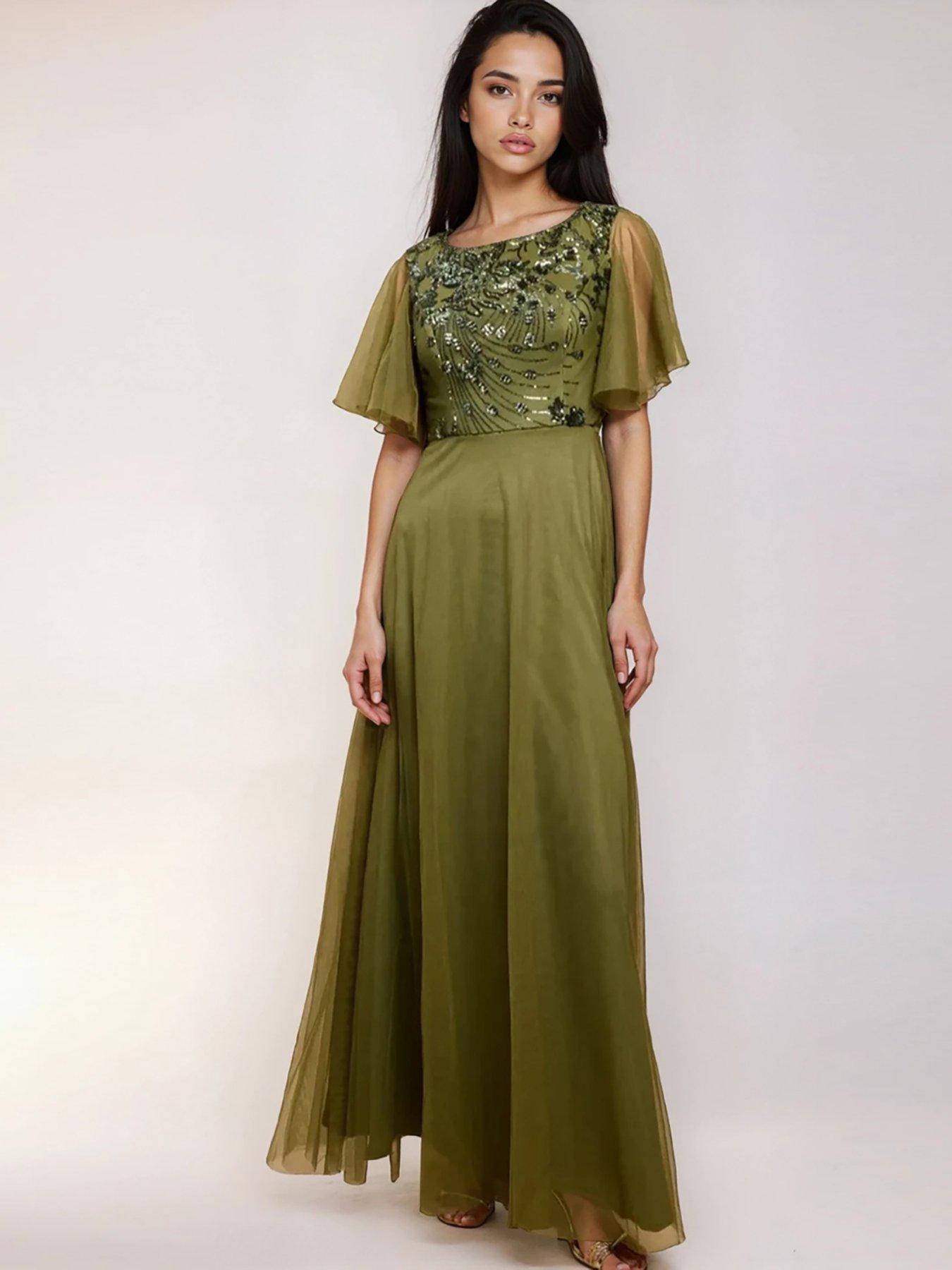 Little Mistress Green Angel Sleeve Sequin Maxi Dress - Khaki