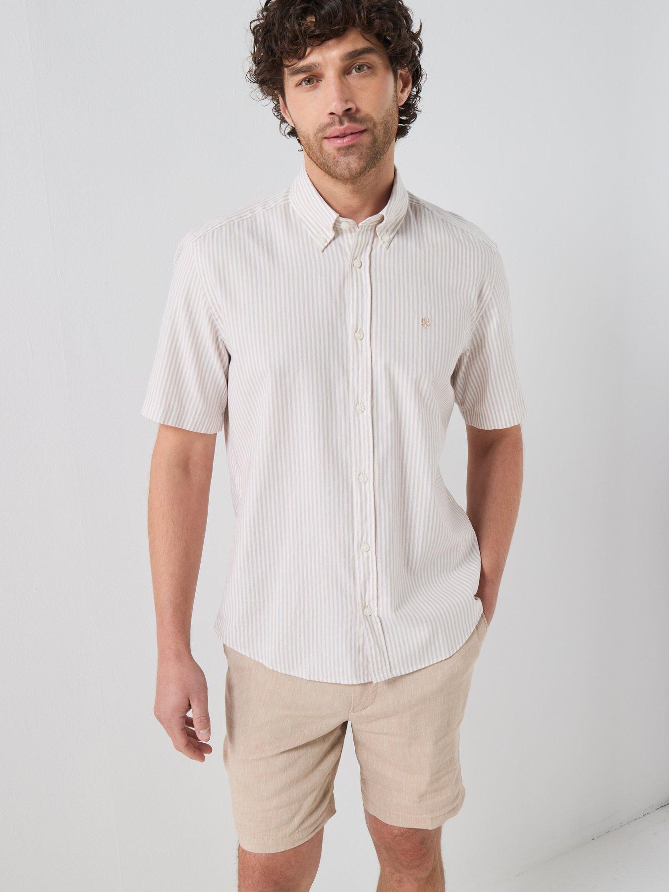 BOSS Button Down Short Sleeve Stripe Shirt - Beige