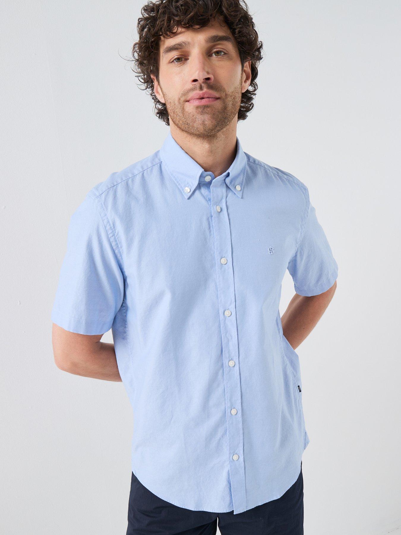 BOSS Button Down Short Sleeve Shirt, Light Blue, Size M, Men