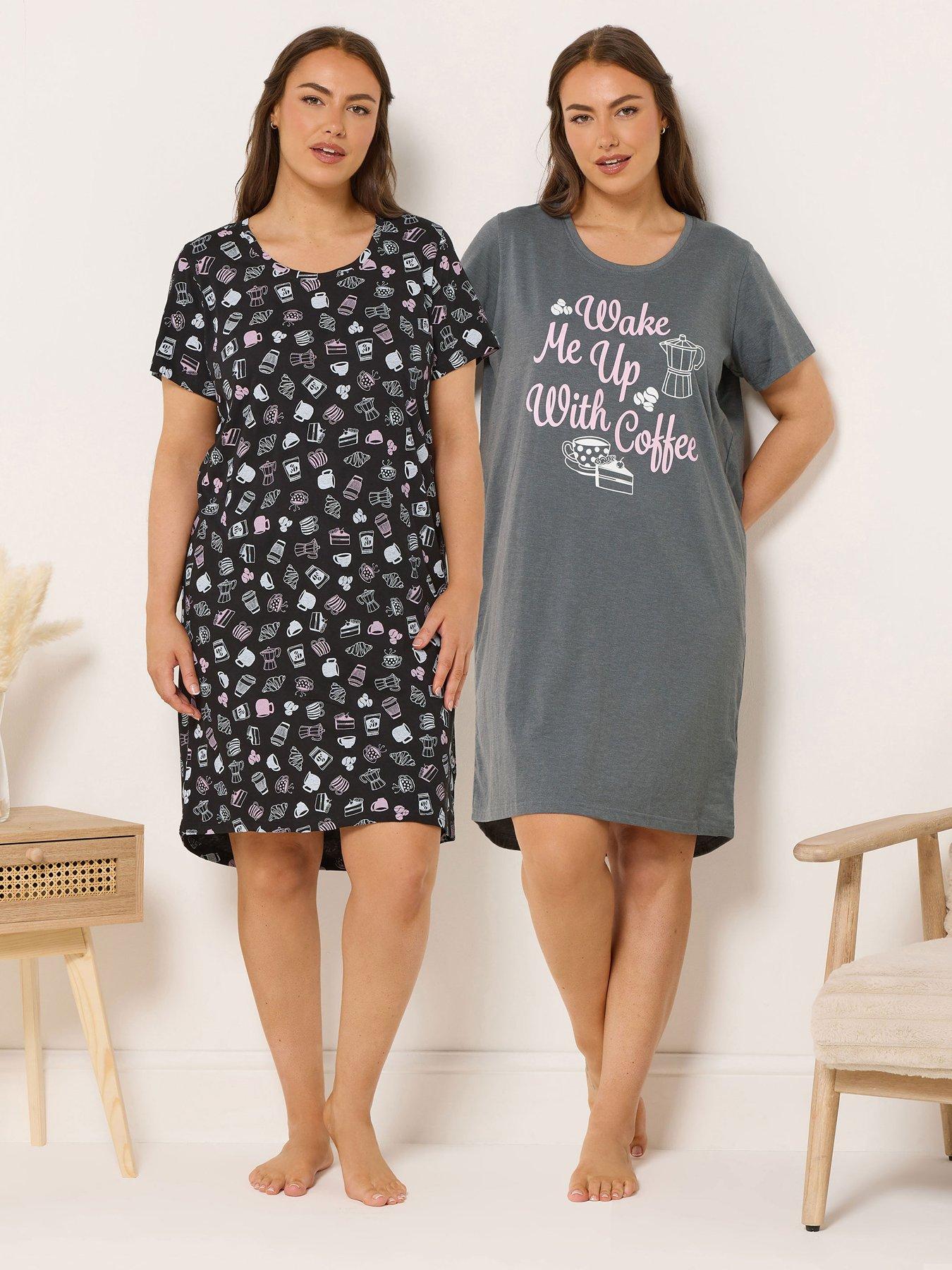 Image 1 of 7 of Yours Curve 2 Pack Coffee Nightdress - Grey