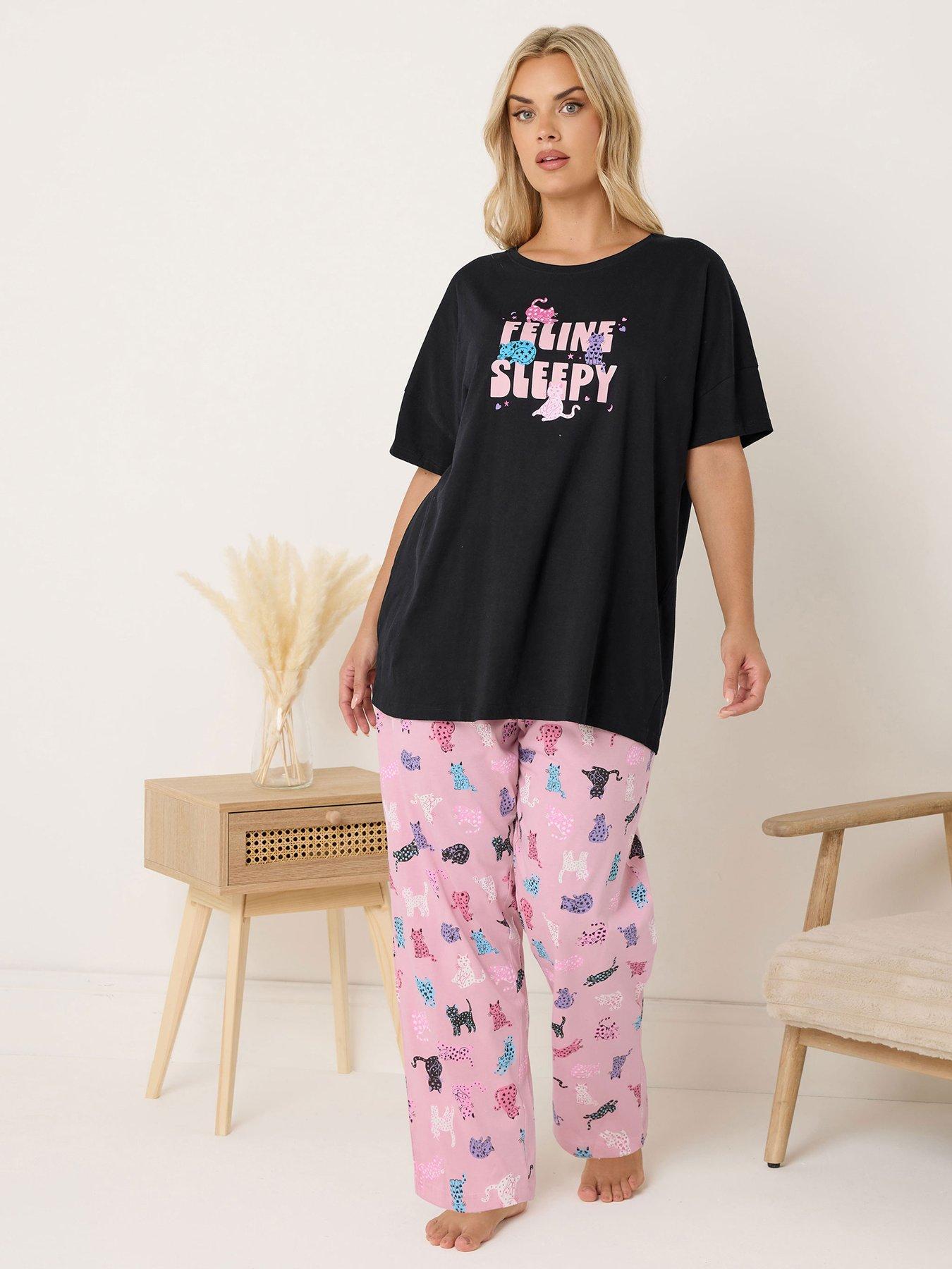 Yours Curve Feline Sleepy Wide Leg Pyjama Set - Black