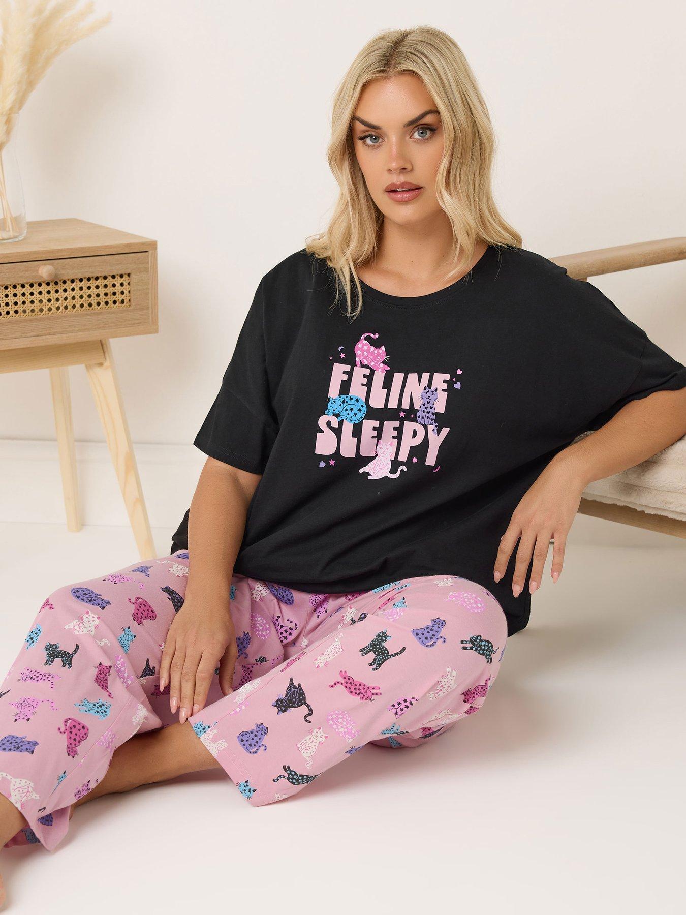 Yours Curve Feline Sleepy Wide Leg Pyjama Set - Black | Very