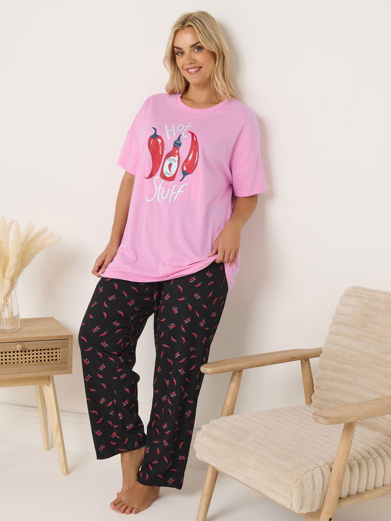Yours Curve Hot Stuff Wide Leg Pyjama Set - Pink