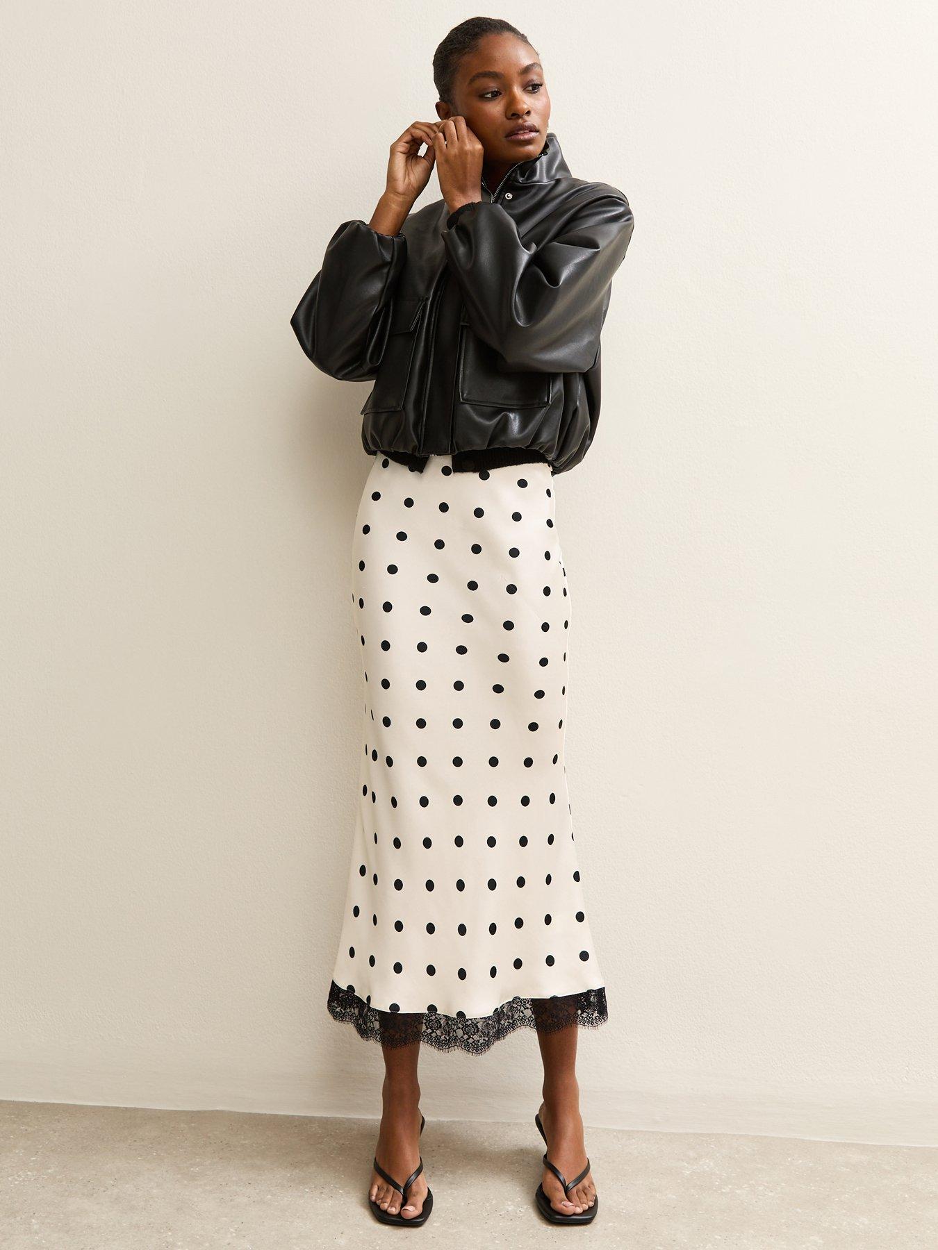 New Look: Satin Polka Dot Lace Trim Midi Skirt - Cream