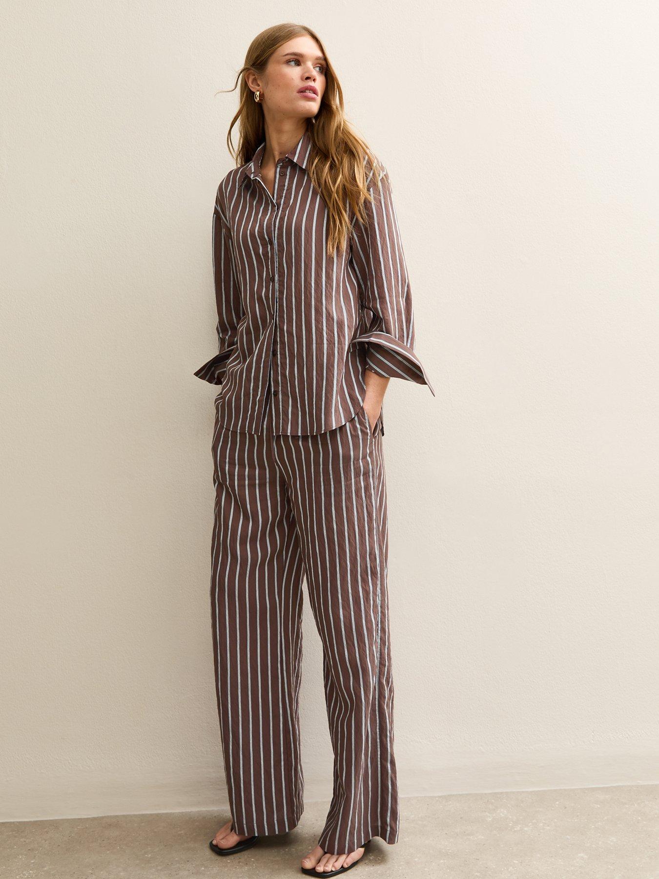 Image 1 of 5 of New Look Striped Drawstring Wide Leg Trousers - Brown